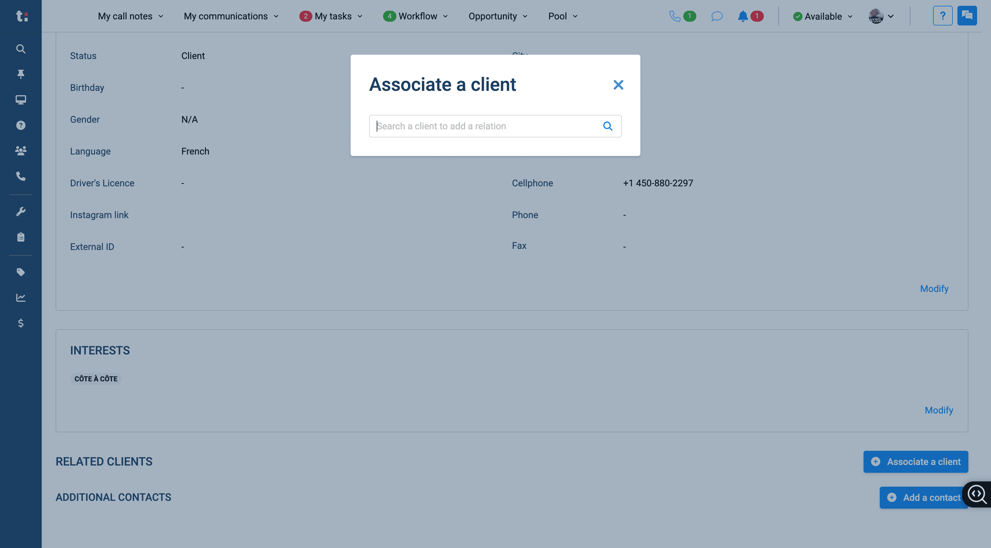Step #5: Click on "Search a client to add a relation"