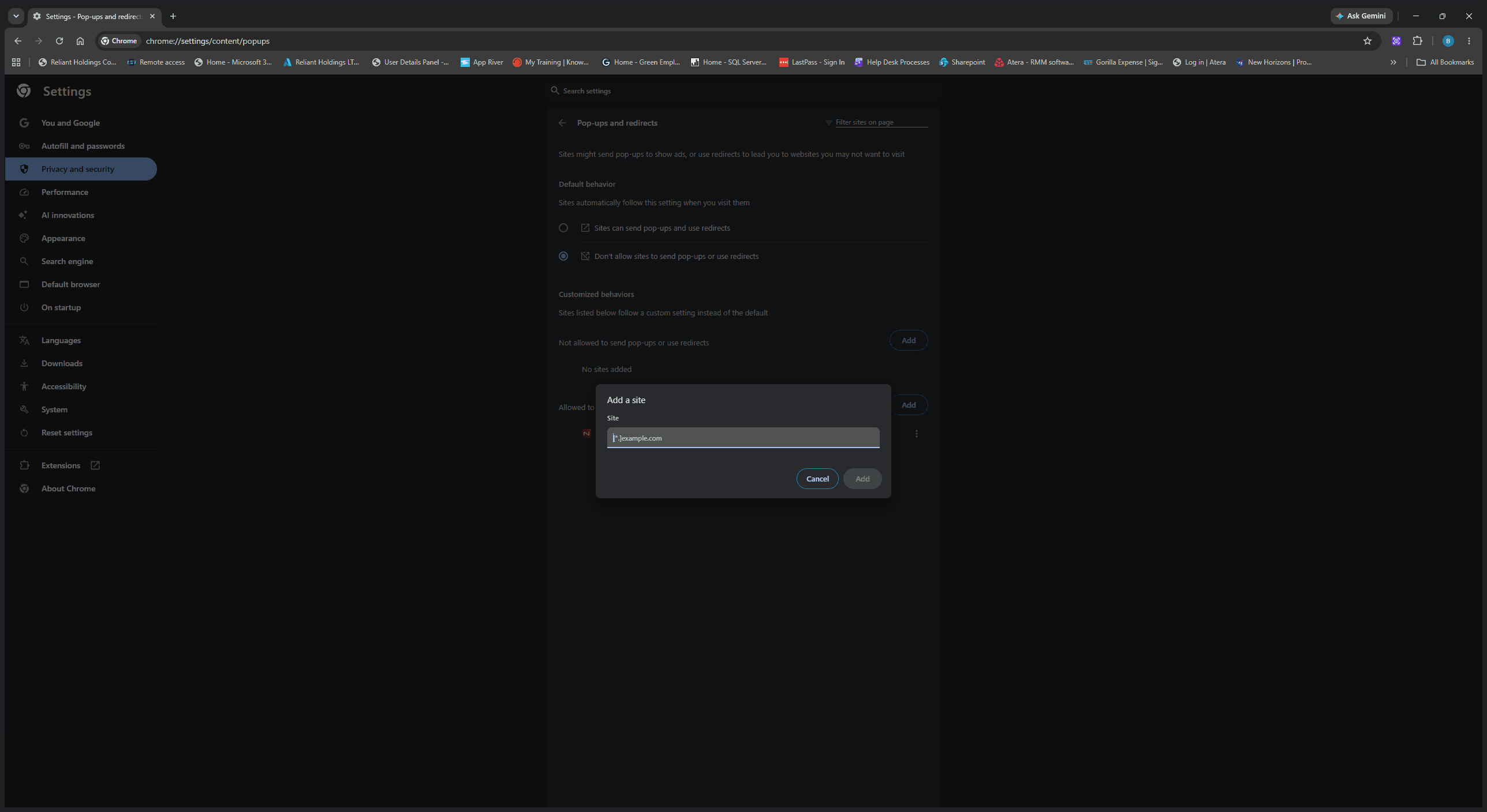 Step #5: In the modal that appears, type or paste the exact URL of the website you wish to allow.