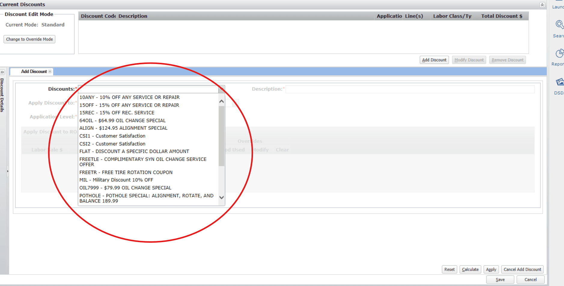 Step #22: Select the relevant fee or discount (e.g., DISCOUNTED LOF) from the list and click OK.