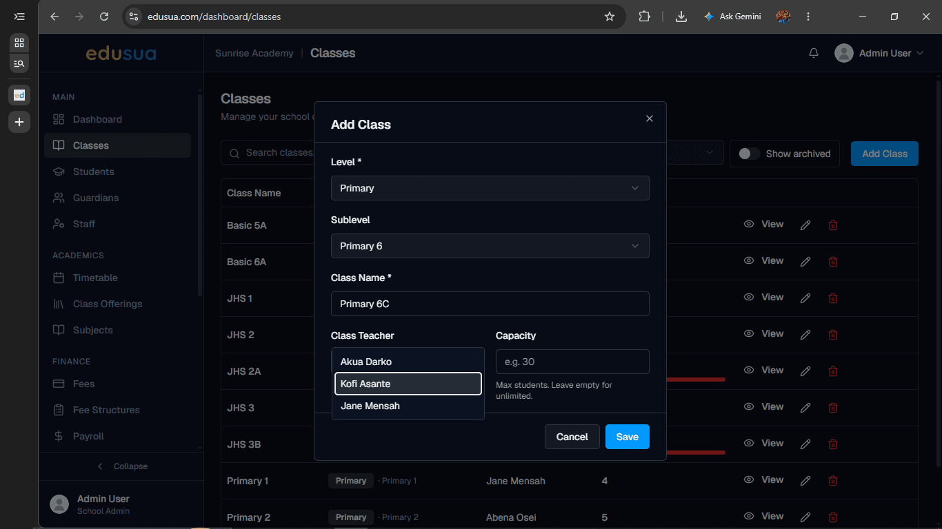 Step #7: Click the Class Teacher dropdown to select an assigned teacher.