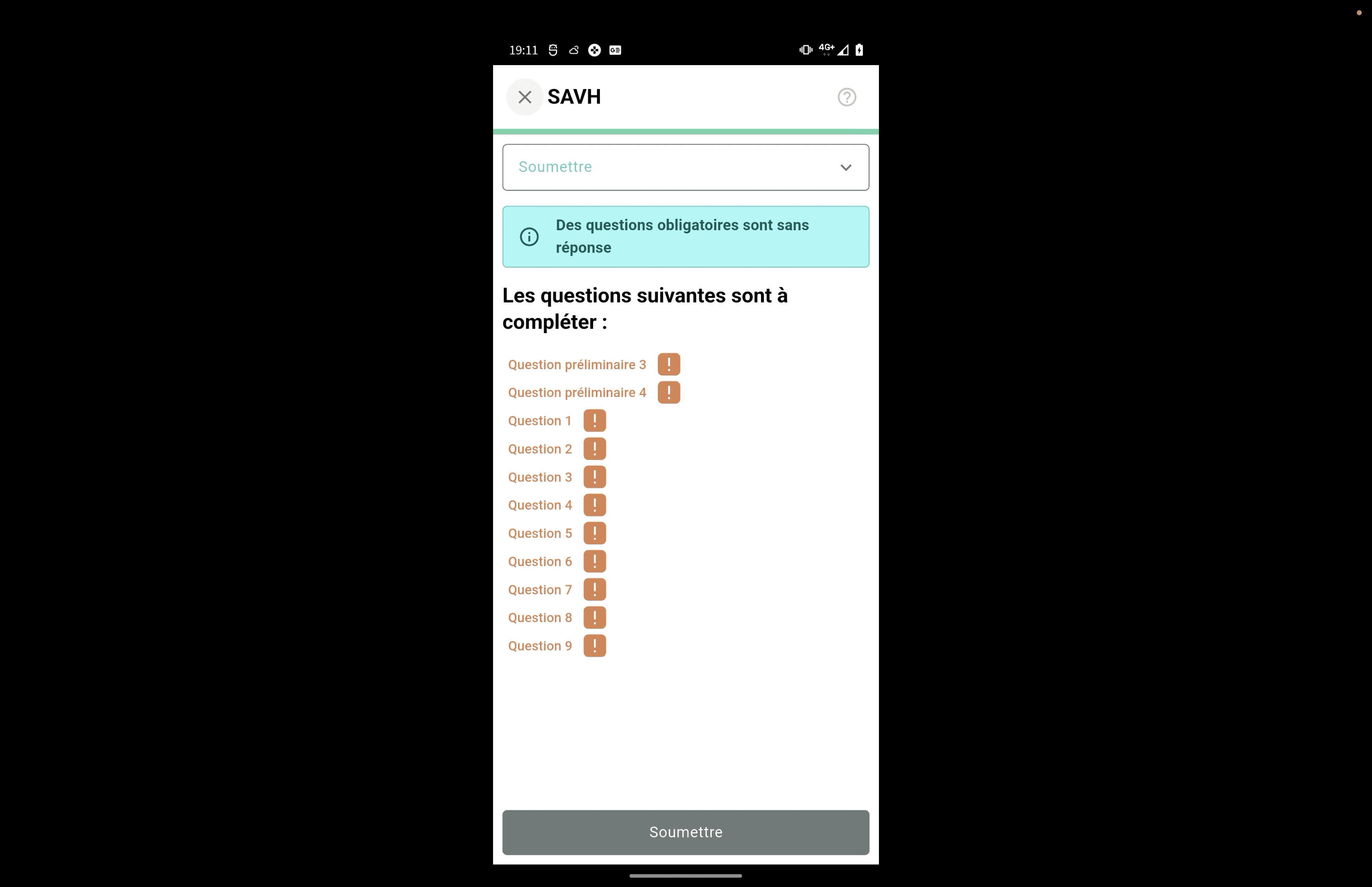 Step #48: Cliquez sur "×" pour interrompre le questionnaire et retourner à la page précédente. Votre progression sera sauvegardée.