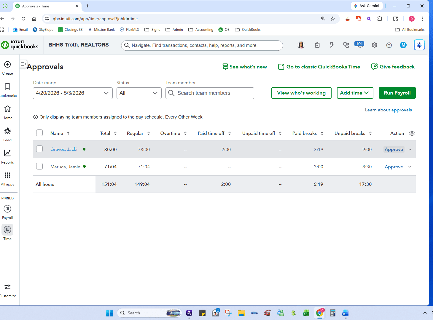 Step #7: Review the total hours and click Approve for each employee.