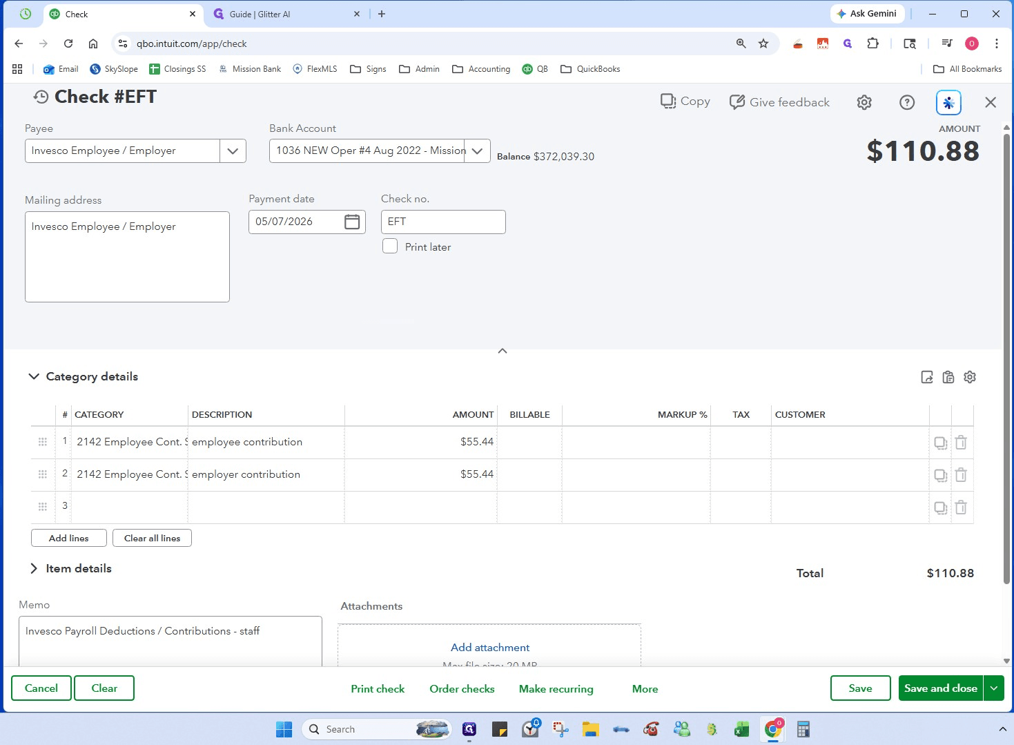 Step #25: Select Invesco Employee / Employer as the payee. Make sure the correct bank account is selected (our General Operating Account), the Payment Date is set to the Payroll Date, and Check no. is EFT.