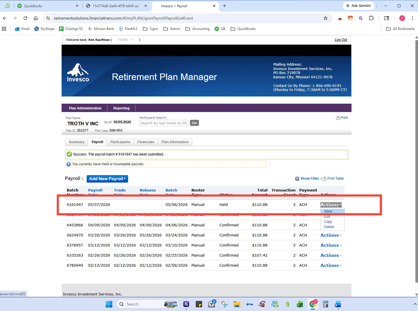 Step #22: Click Actions-->View on the recently submitted payroll batch.