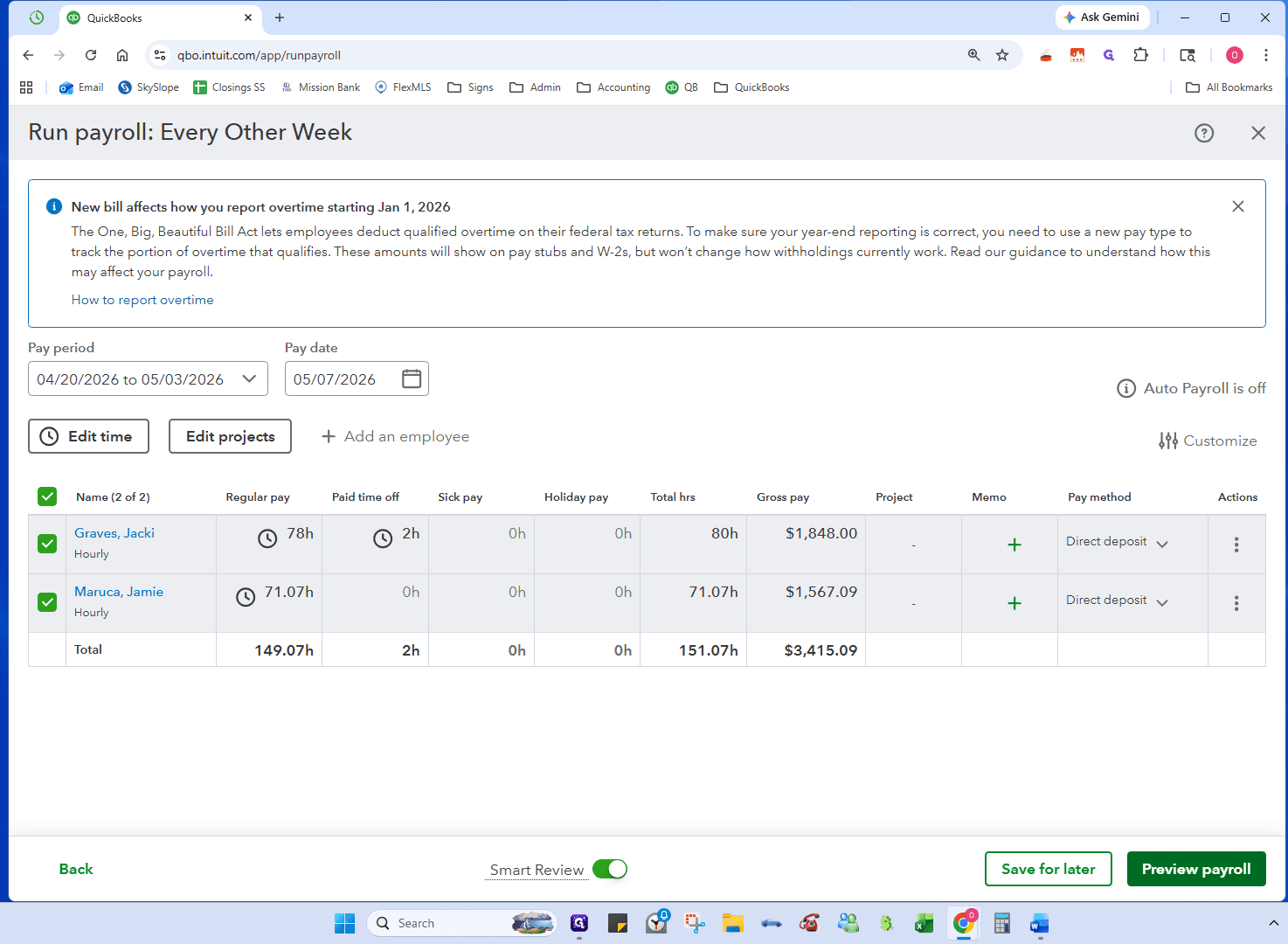 Step #10: Verify the hours, and click Preview payroll to review employee hours, deductions, and IRA contributions/matching.