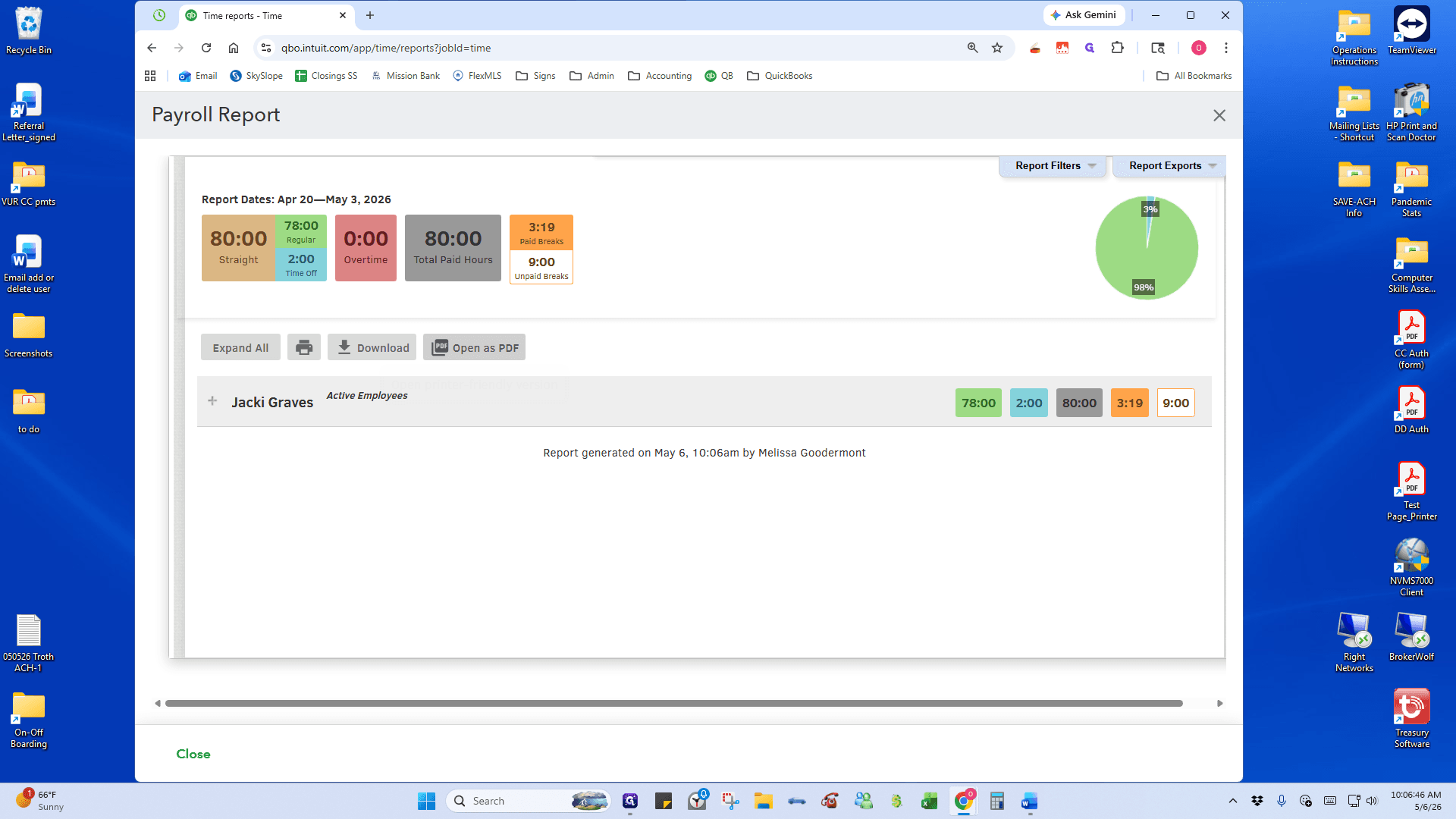 Step #4: Click Open as PDF. Inside the preview screen, select download the timesheet. Repeat for all employees. Email email The Payroll Report to the employees for their review/approval.