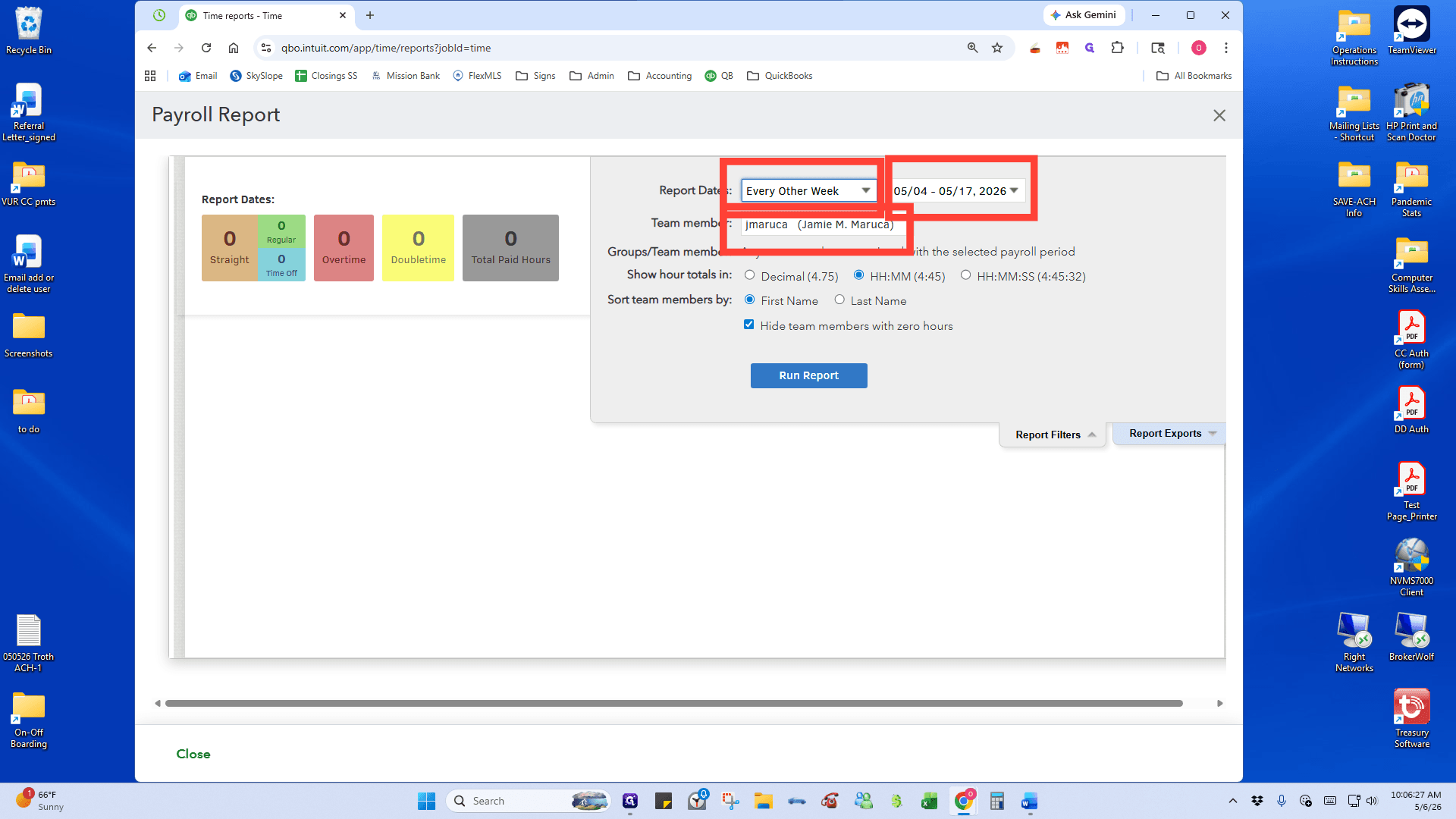 Step #3: Choose date range: Every Other Week, the range for the payroll period, and the employee. Click Run Report