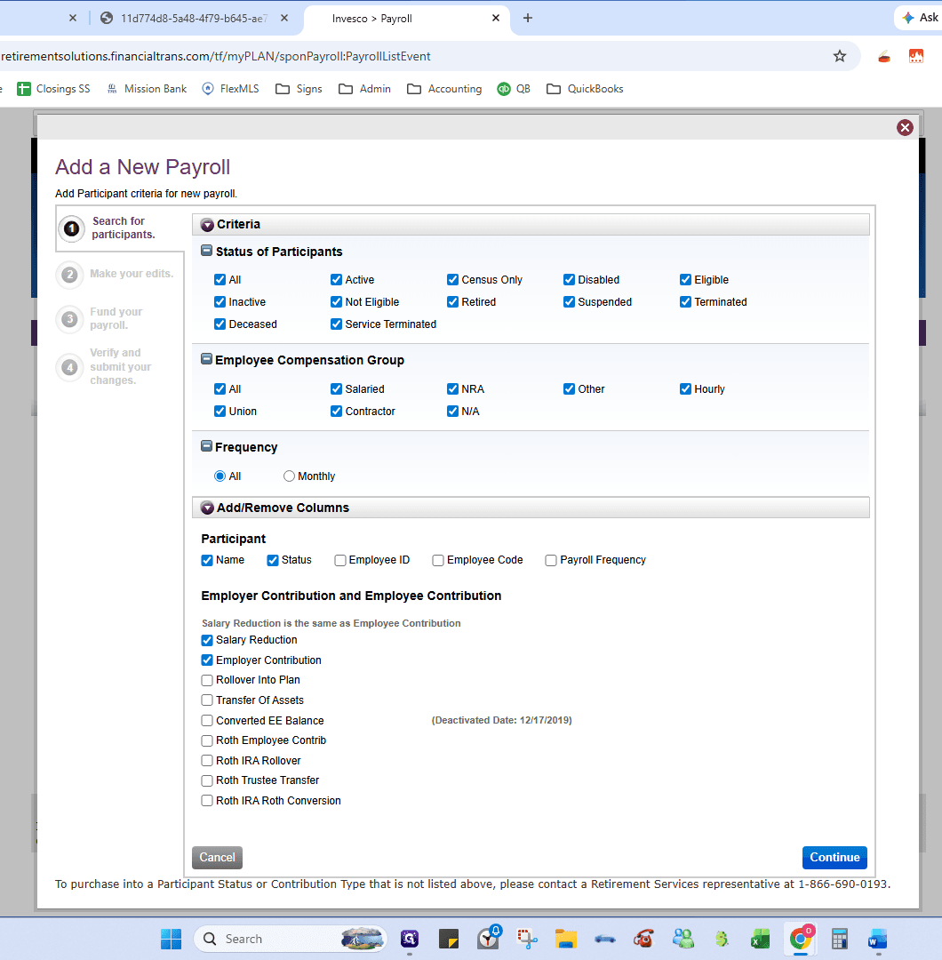 Step #17: Ensure Salary Reduction and Employer Contribution are checked, then click Continue.