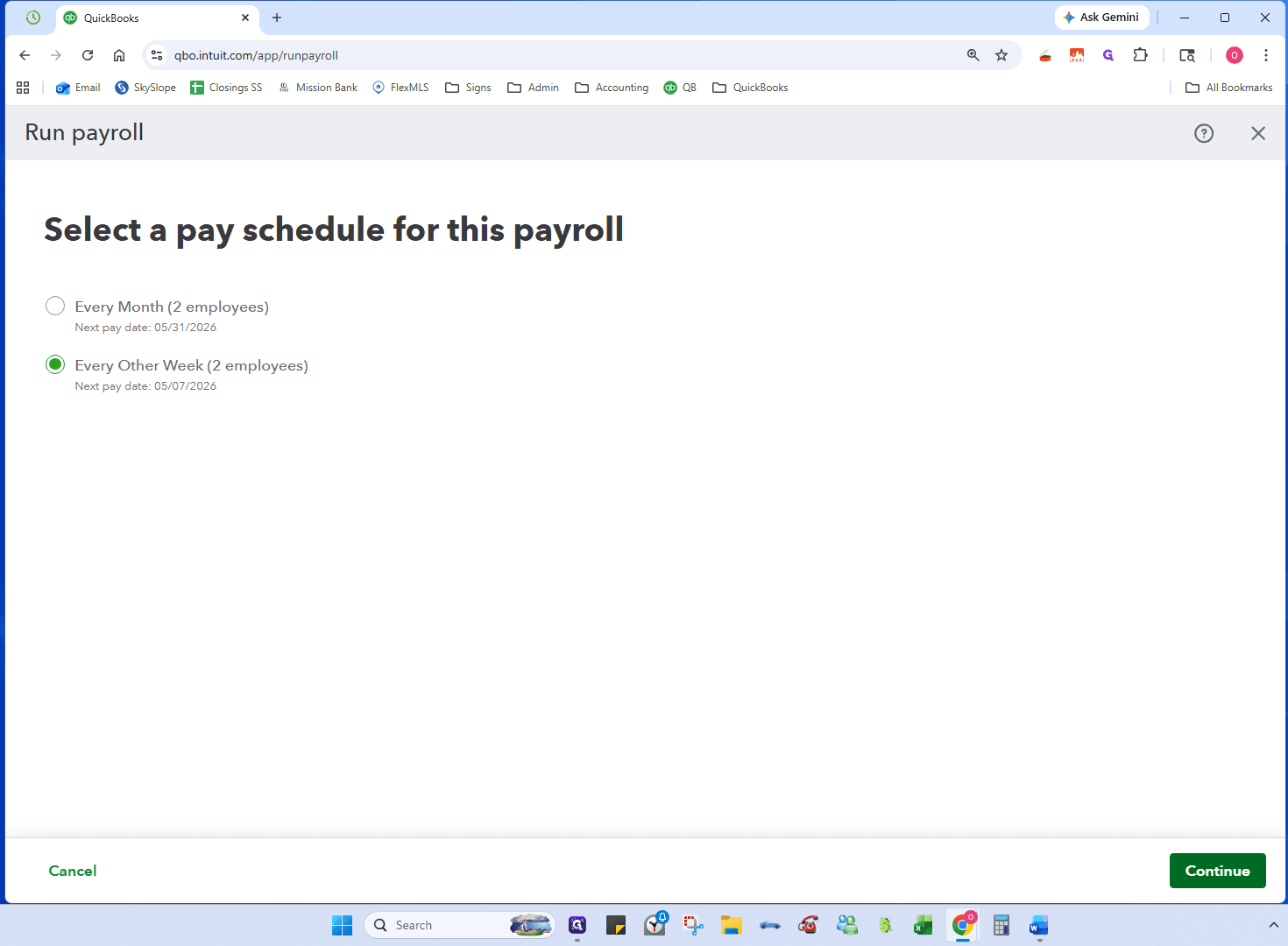 Step #9: Select the Every Other Week pay schedule and click Continue.