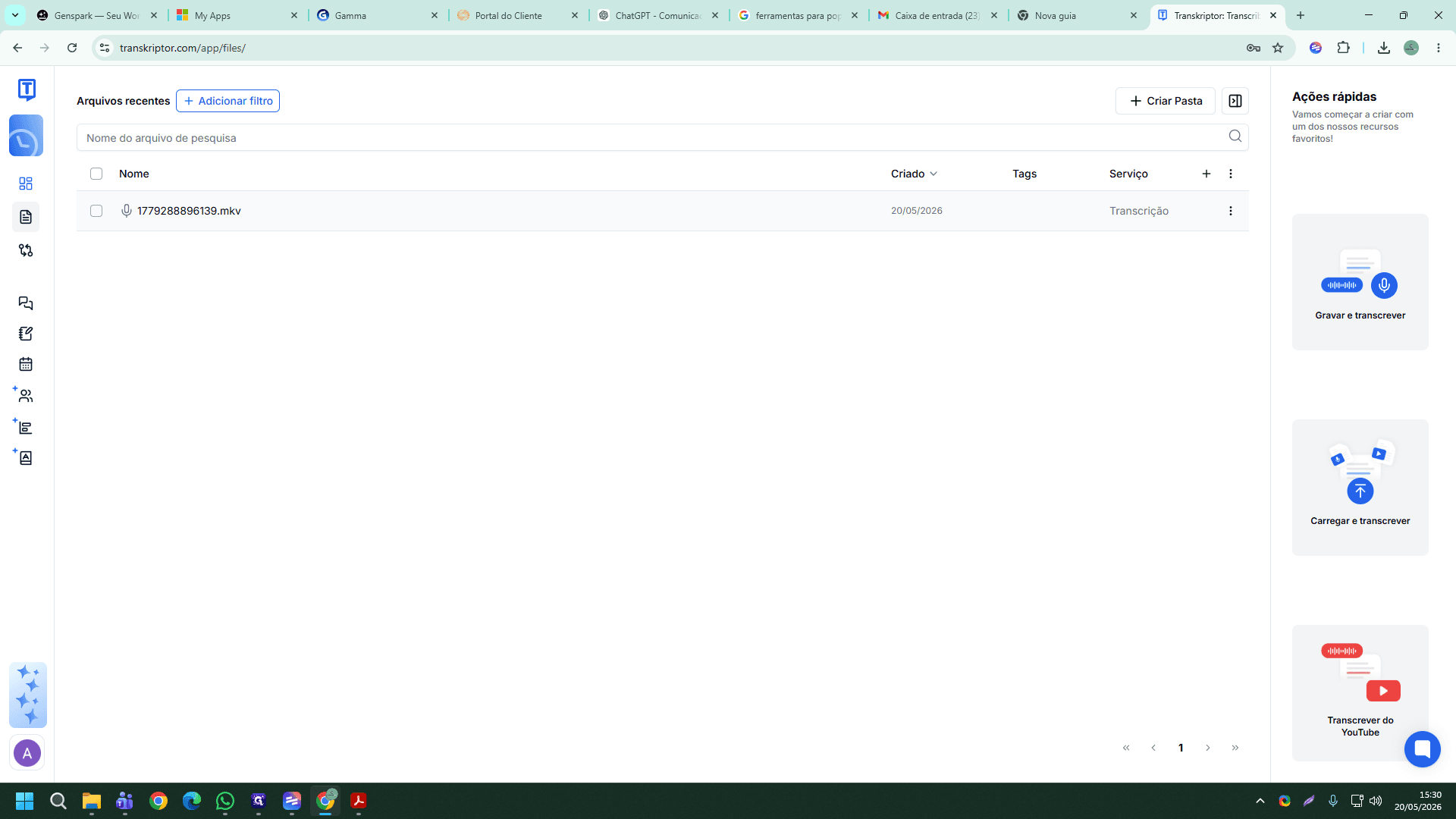 Step #7: Localize o arquivo de gravação que deseja analisar (por exemplo, 1779288896139.mkv) e clique sobre ele para abrir o painel da transcrição.