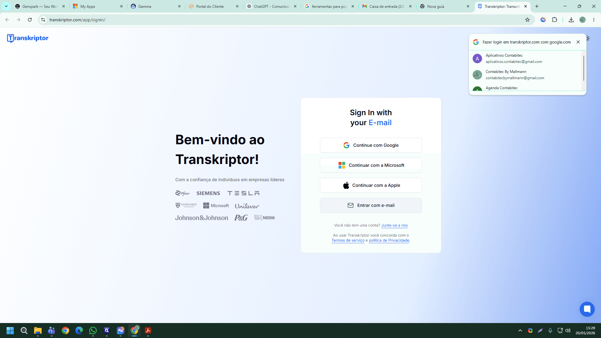 Step #2: Clique em Entrar com e-mail na página de login do Transkriptor.