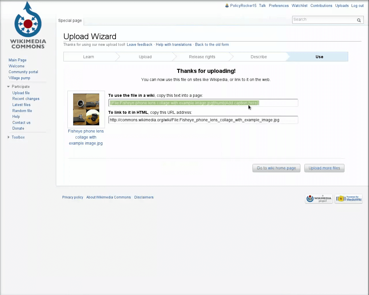Step #15: Copy the wikitext provided inside the To use the file in a wiki: box.
