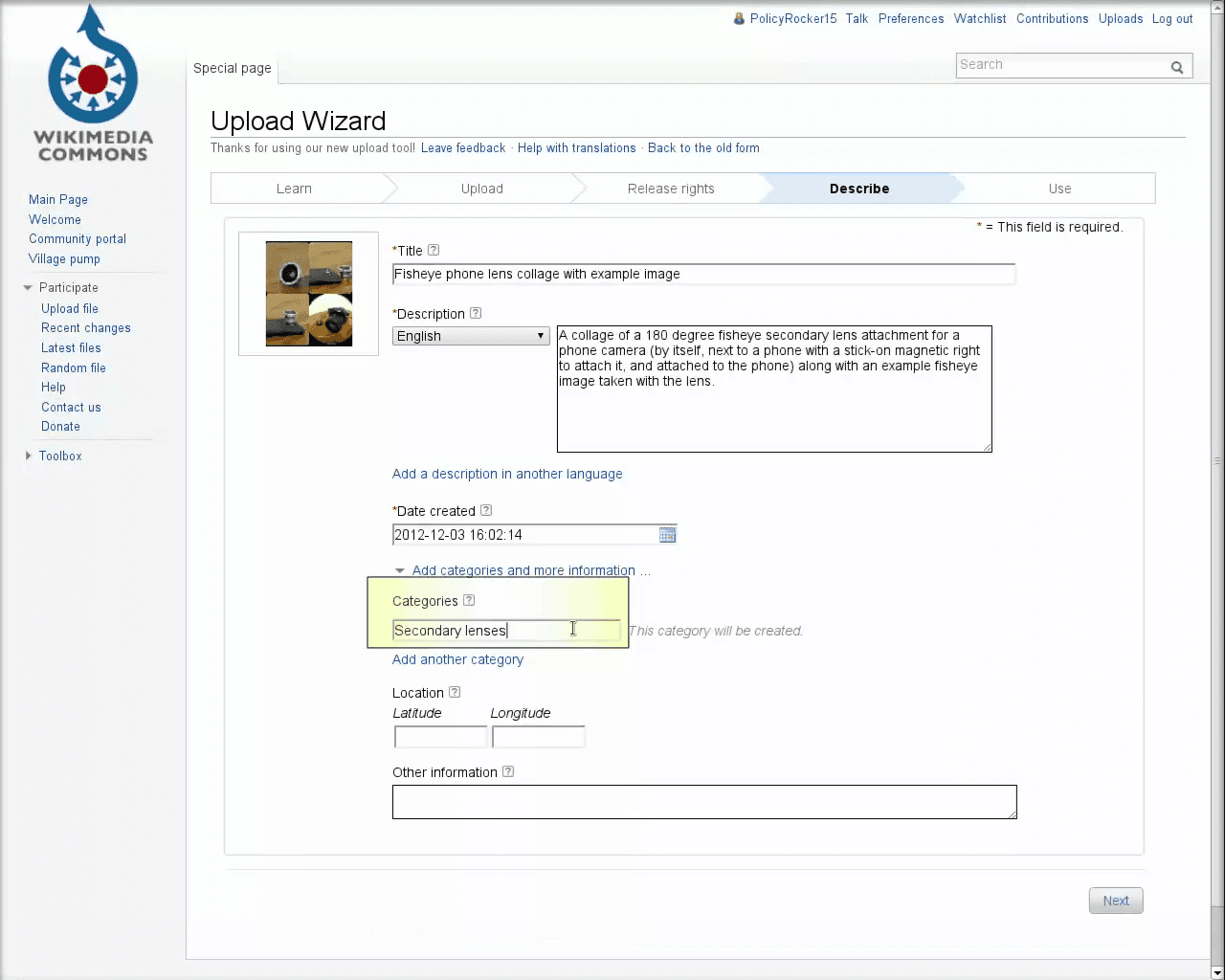 Step #14: Click Next to publish your file to Commons.
