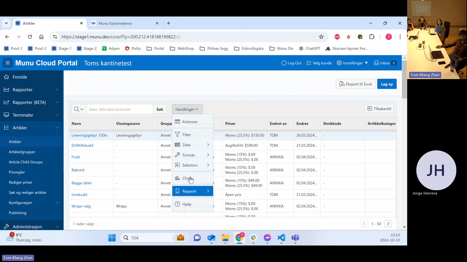 Step #8: Click Handlinger (Actions) and select Kolonner to configure visible columns.