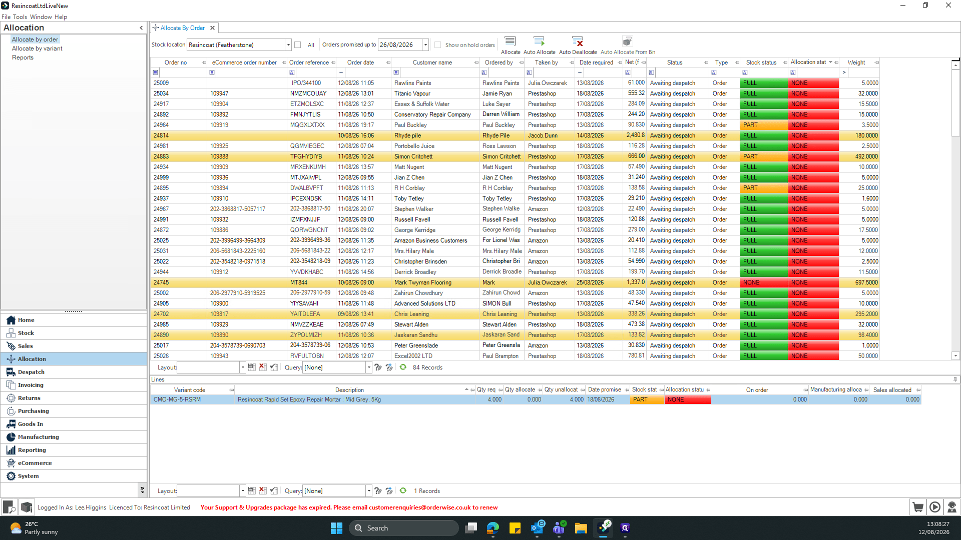 Step #2: Select Allocate by order to view a grid of all pending customer orders.