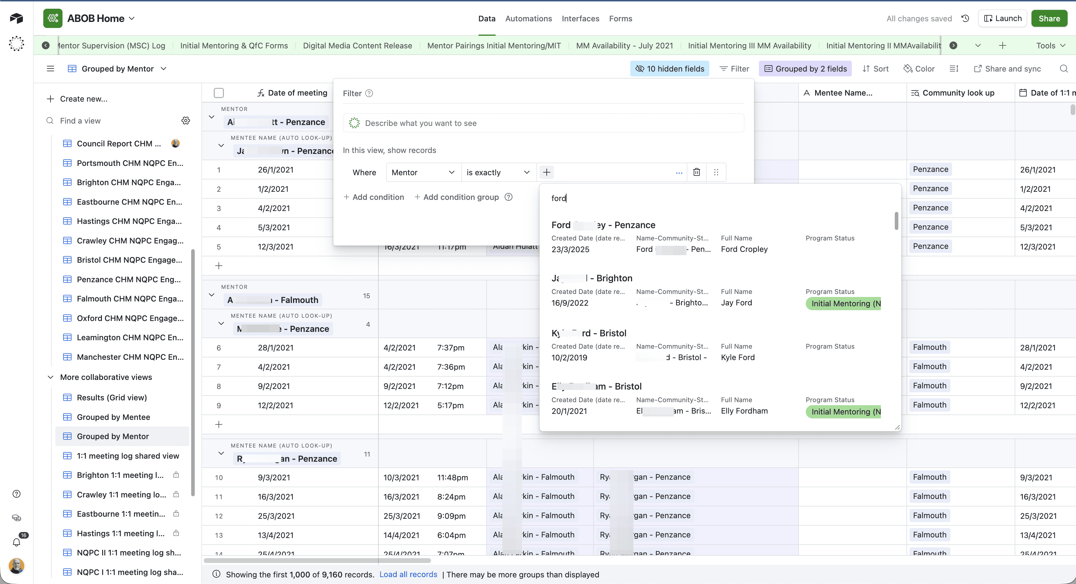 Step #7: Set the filter to show records where the mentor's name matches the target mentor (e.g., Ford).