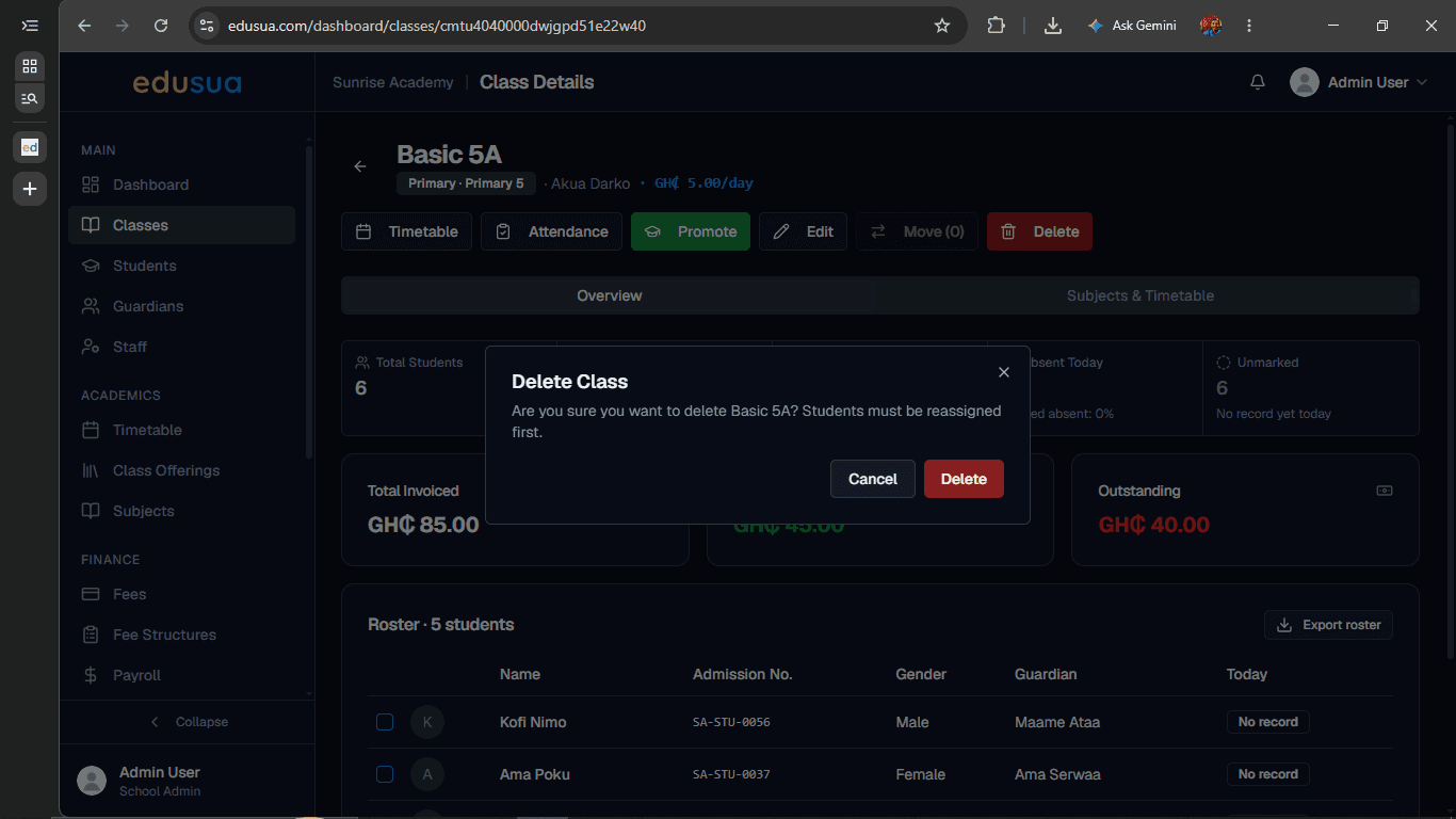 Step #3: Click Delete in the confirmation modal to permanently remove the class.