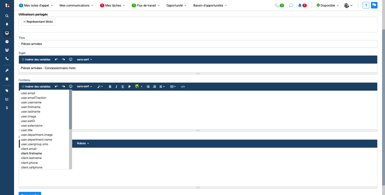 Step #11: Cliquez sur "insérer des variables" pour ajouter des variables tel que le prénom et le nom du client