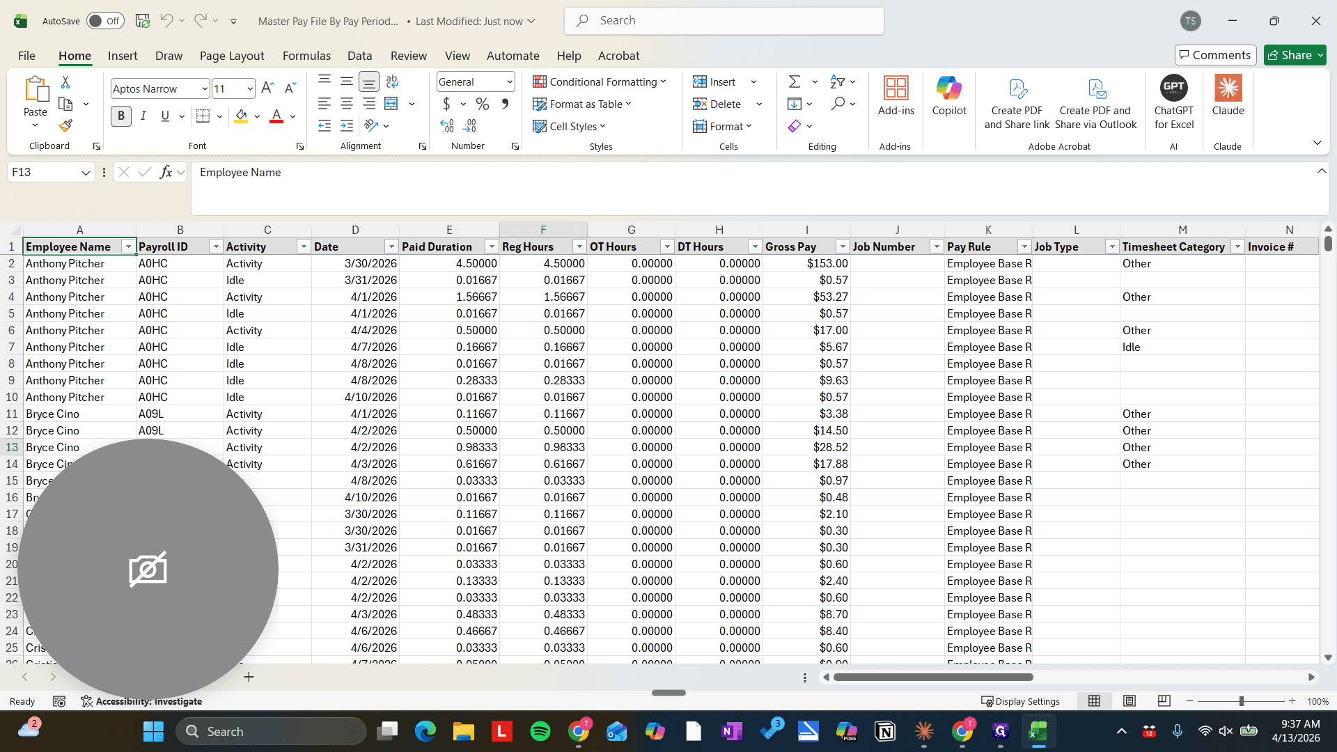 Step #11: Delete the second tab tha thas just the file run details on it. NOT THE TAB WITH THE ACTUAL TIMESHEETS - THAT IS WHAT WE UPLOAD.