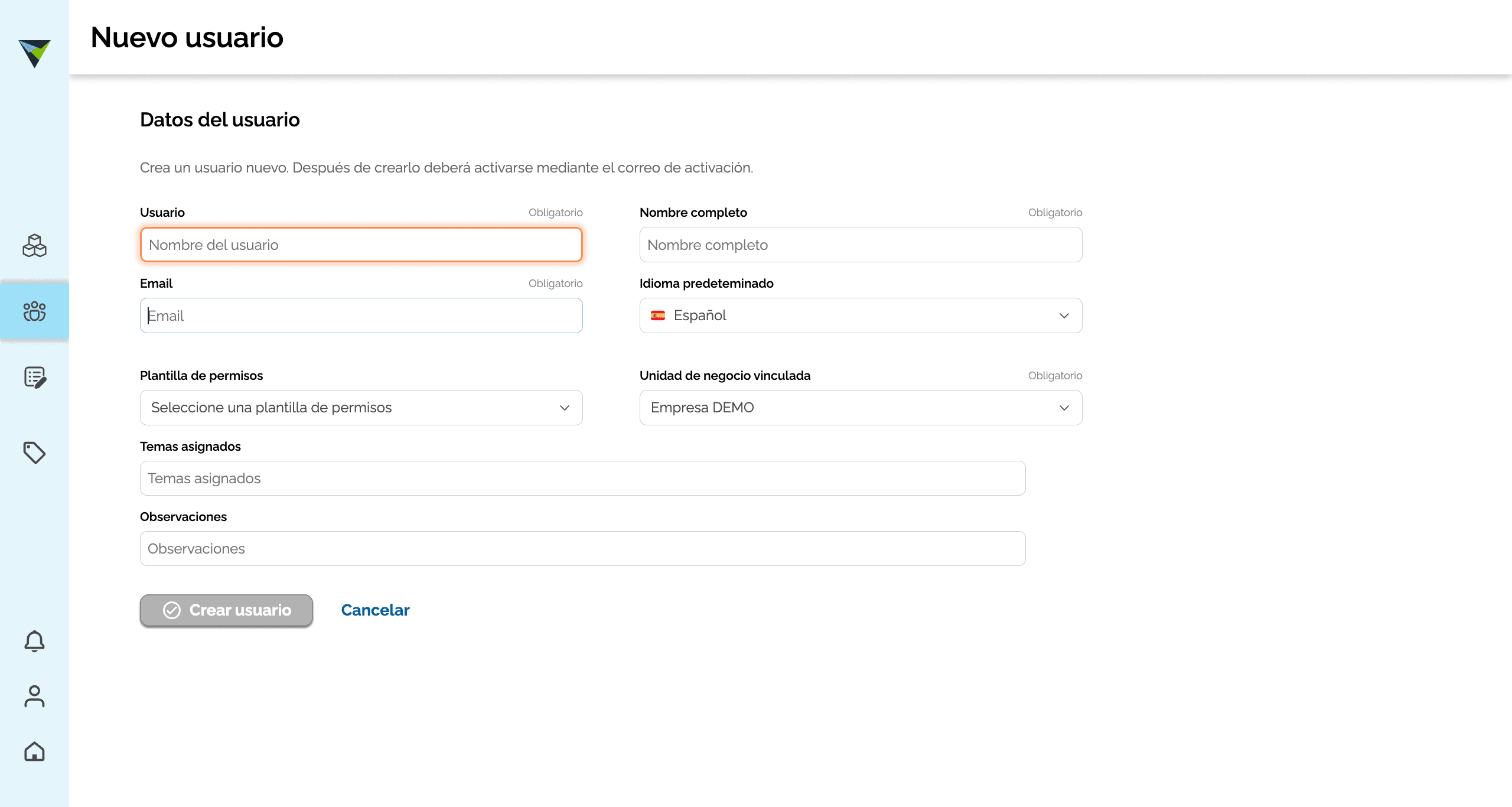 Step #5: Le asignamos el nombre de Usuario con el que ingresará a la plataforma (generalmente le asignamos el usuario que tiene el Email, el que se encuentra por delante del @), colocamos su Nombre completo y un Email