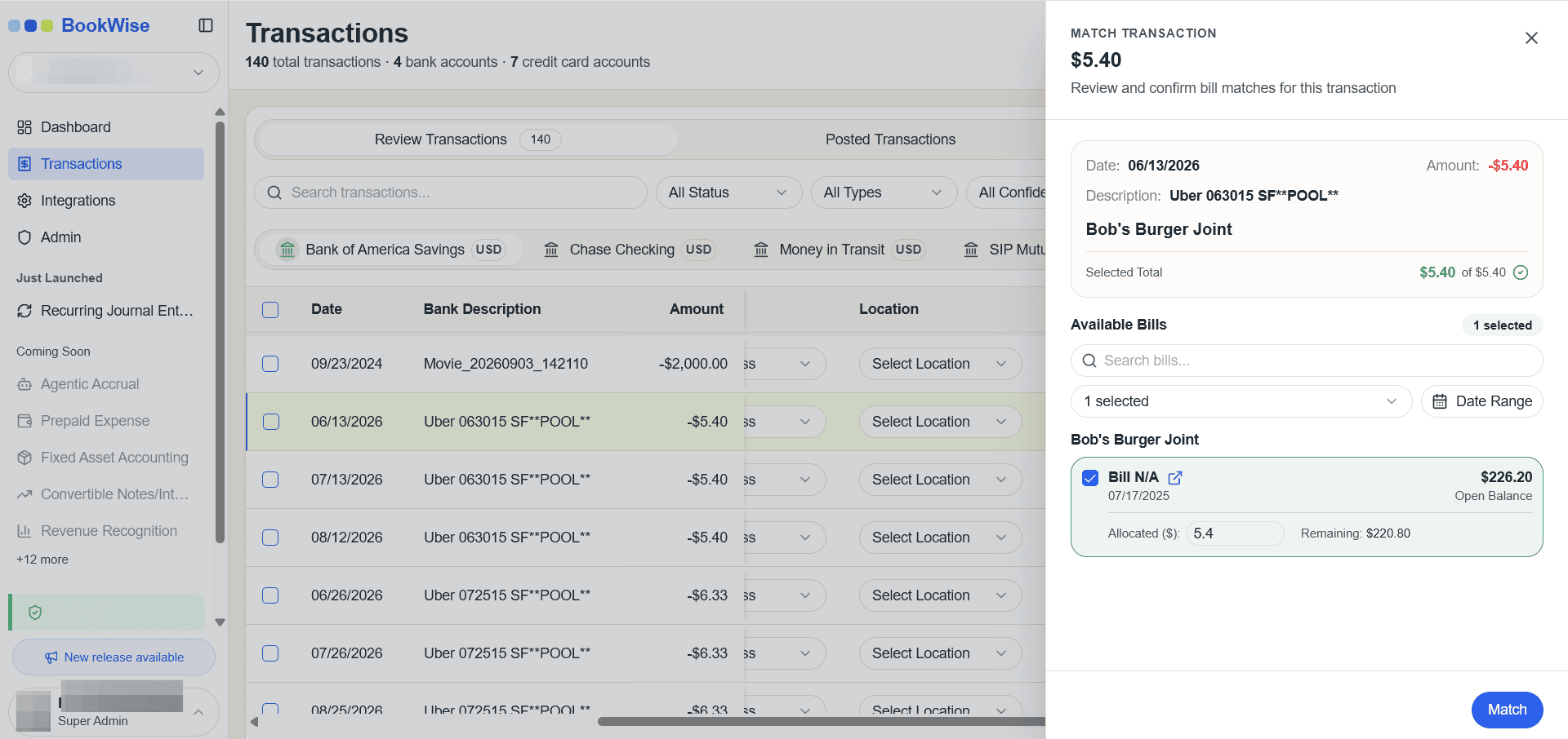 Step #2: Use the checkboxes to select one or more bills. You can match a single bill, match multiple bills, match partial amounts. Once bills are selected, the transaction will now be posted against the selected bills.