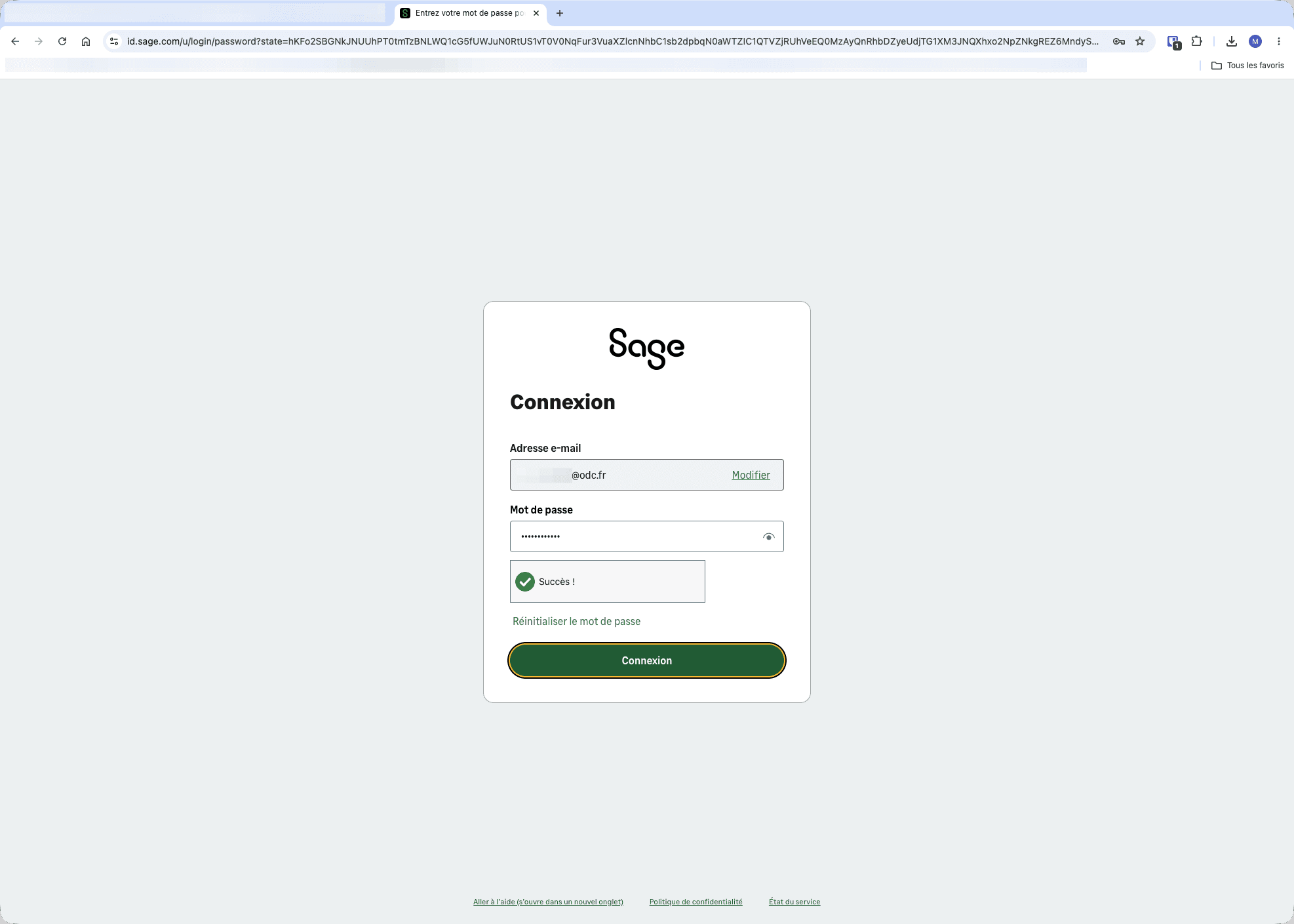 Step #2: Saisissez votre adresse e-mail et mot de passe associé au compte Sage & Cliquez sur Connexion.