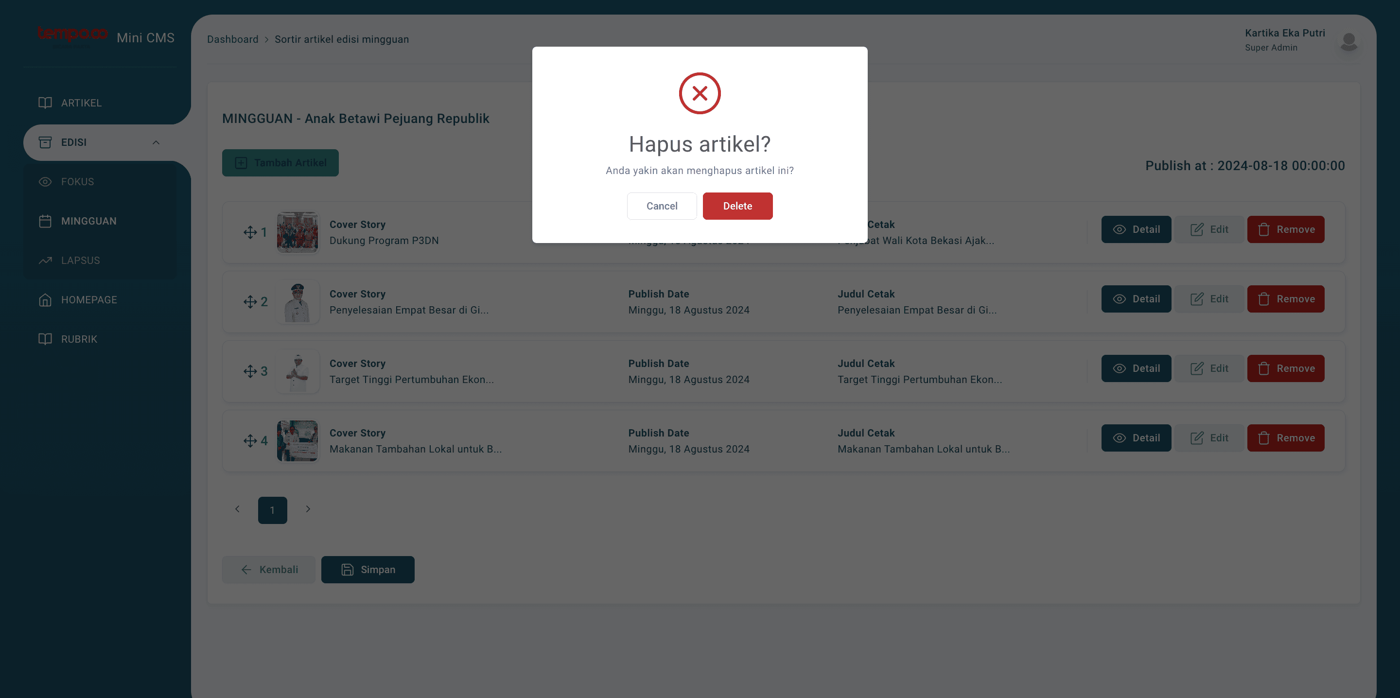 Step #14: Konfirmasi remove artikel, klik 'Delete'. Maka artikel tersebut nantinya juga tidak akan ditampilkan di Edisi Mingguan Single Brand
