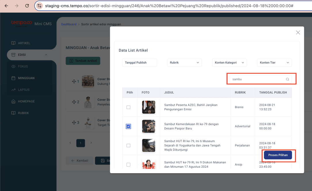 Step #9: Search artikel yang diinginkan, lalu pilih artikel tersebut dan klik 'Proses Pilihan'