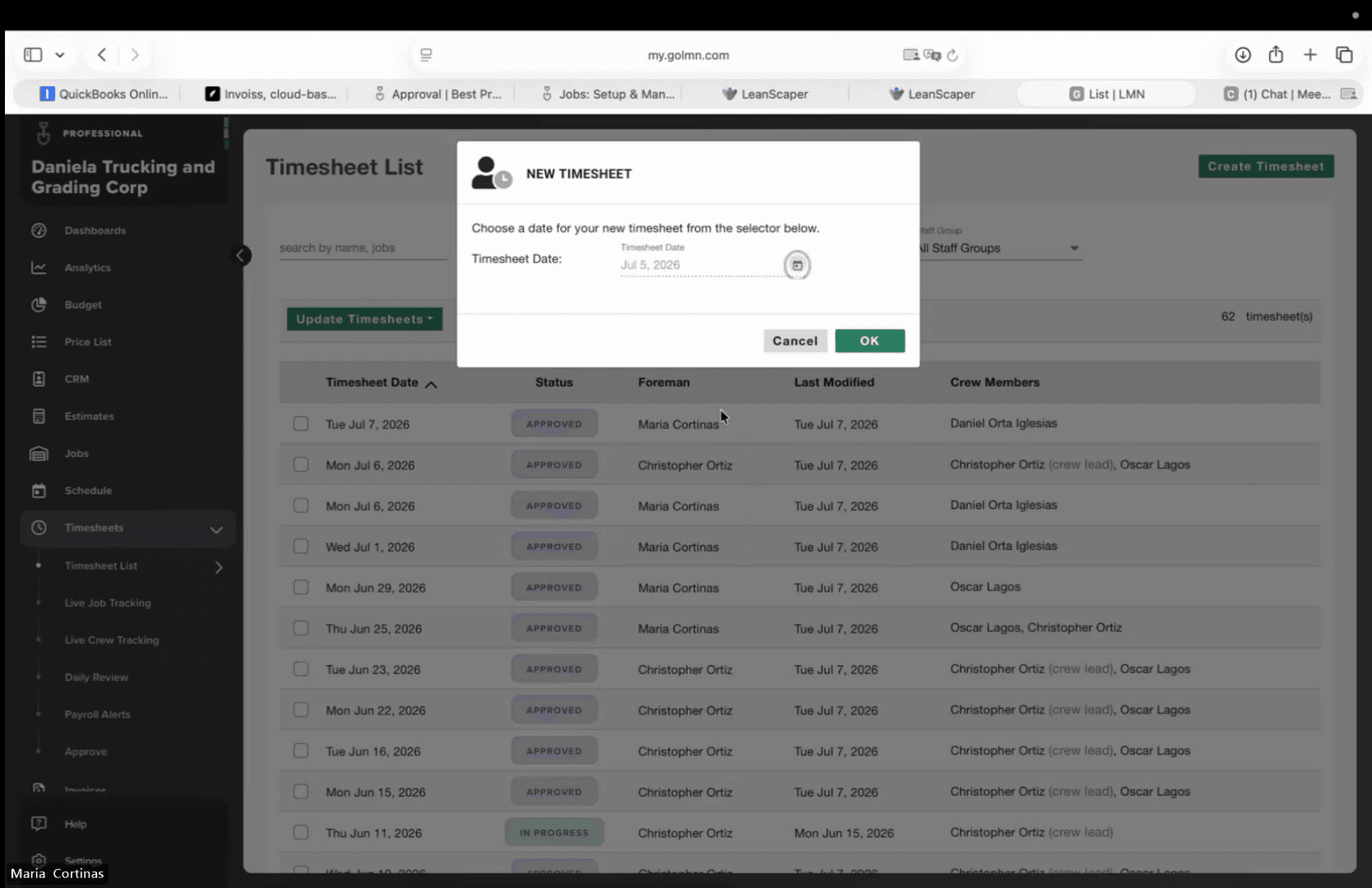 Step #3: Confirm the date in the New Timesheet modal and click OK.