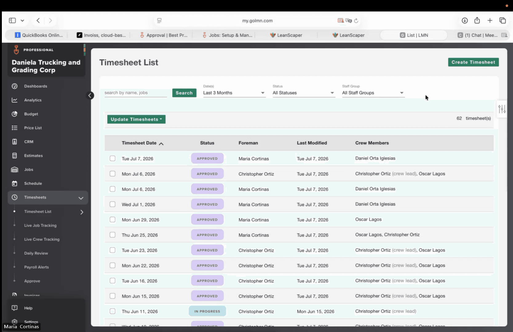 Step #2: Click Create Timesheet in the top right corner.