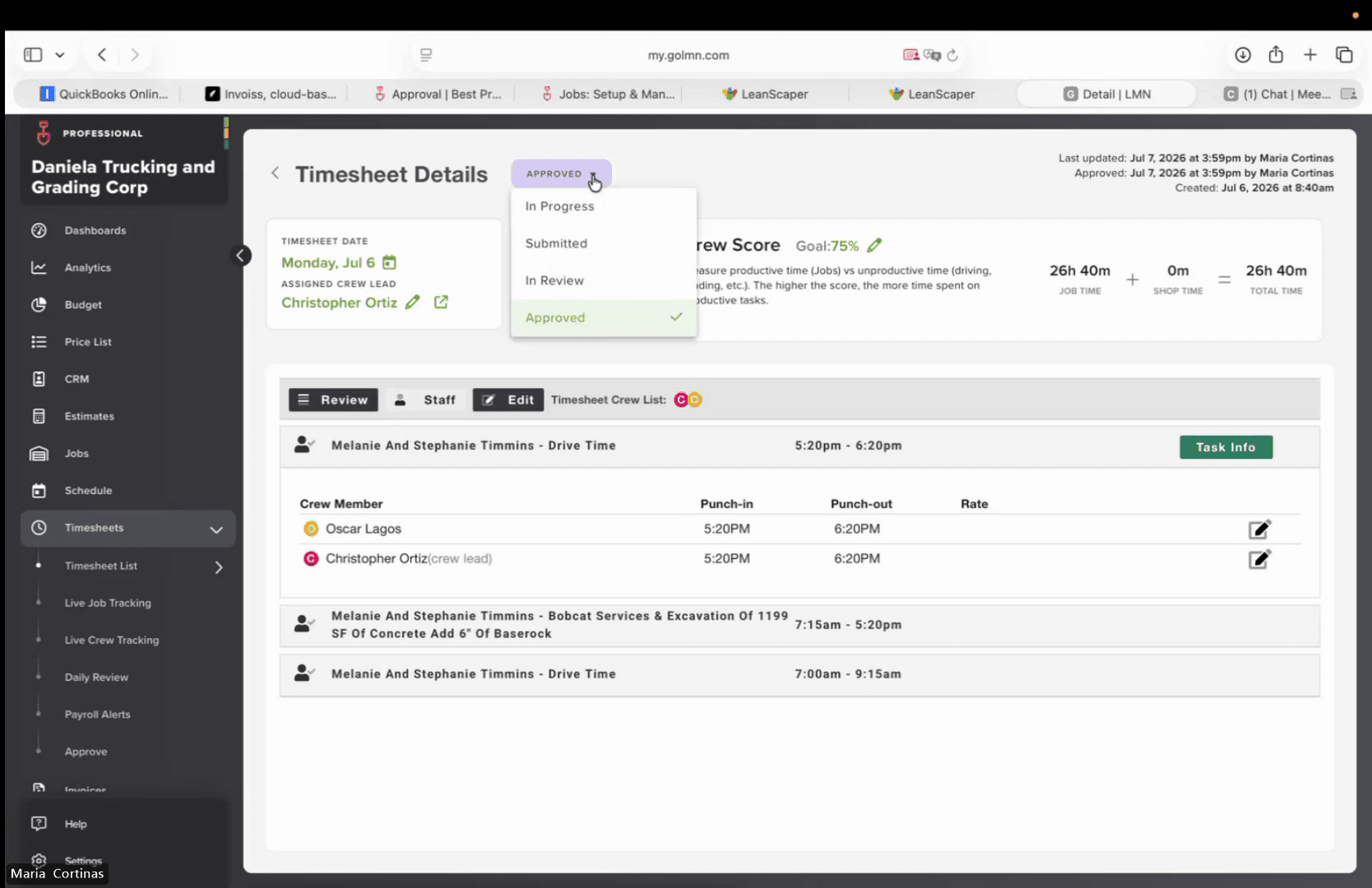 Step #19: Change the timesheet status by choosing Approved from the dropdown menu.