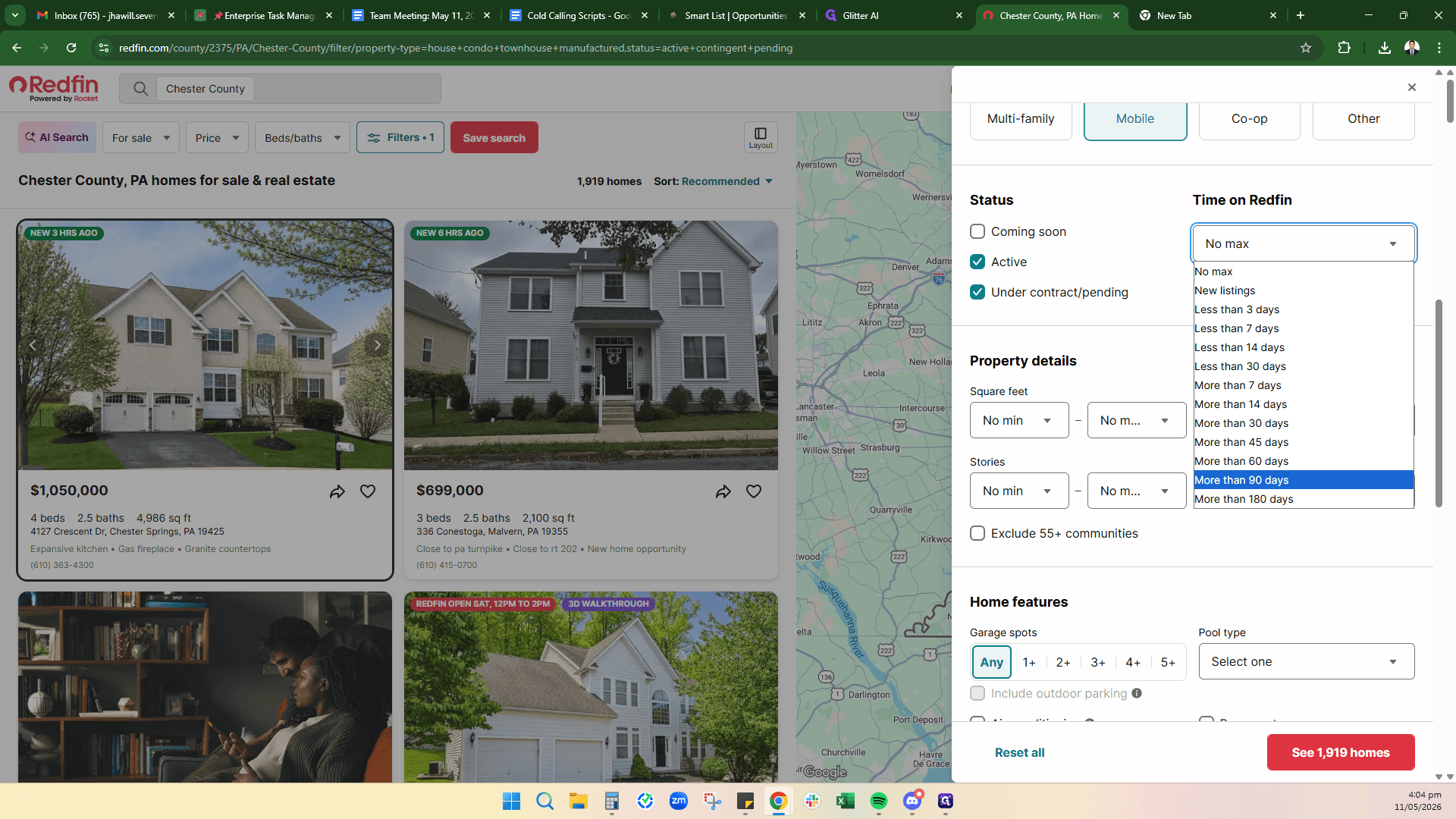 Step #6: Scroll down to the Time on Redfin dropdown menu and select More than 90 days.