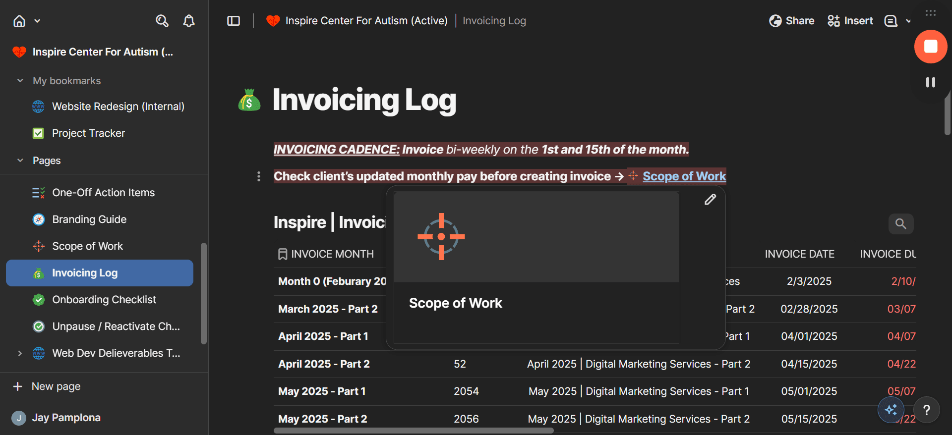 Step #1: Open your Coda workspace and click Invoicing Log to locate the client's tracking page.