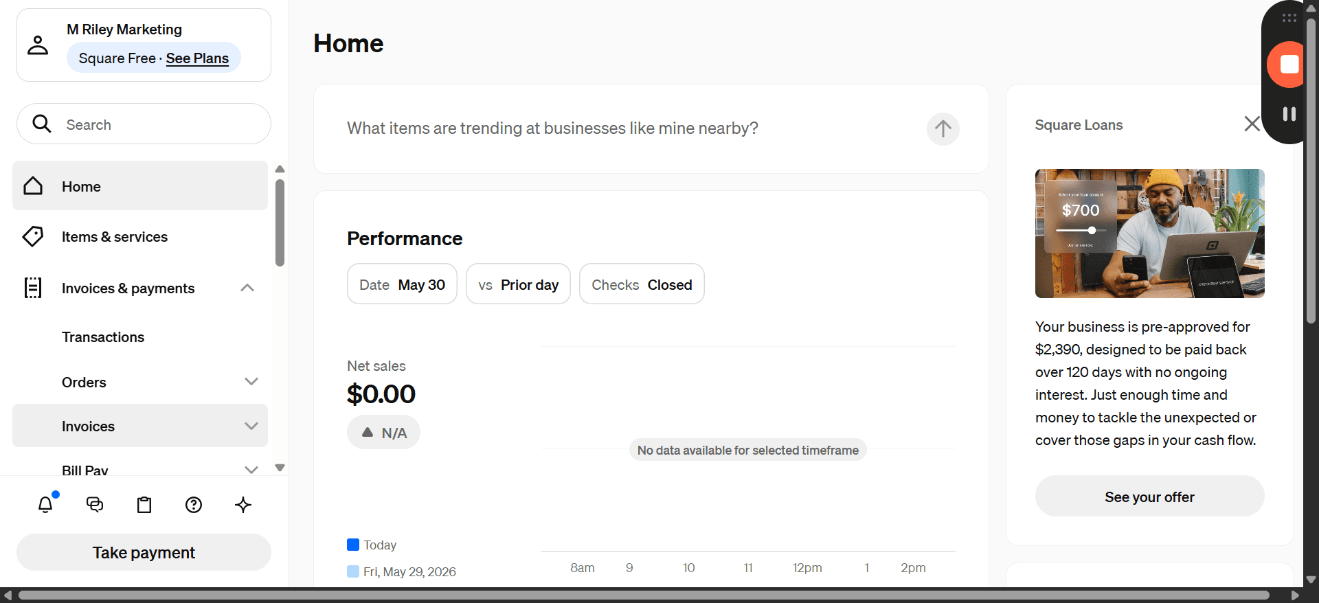 Step #4: Log in to your Square dashboard and click Invoices & payments in the left-hand navigation menu.