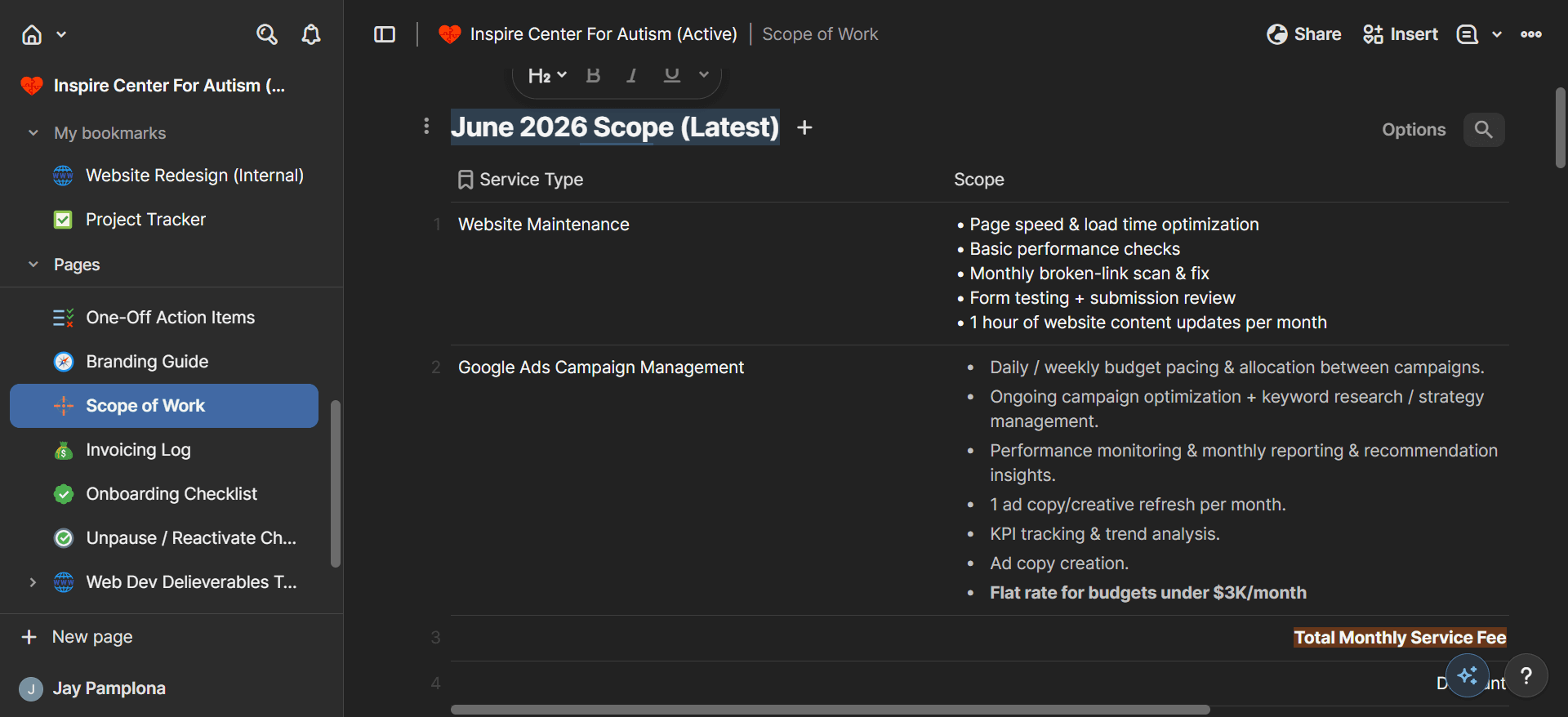 Step #2: Click the active Scope of Work document (for example, "June 2026 Scope") to review the line items.