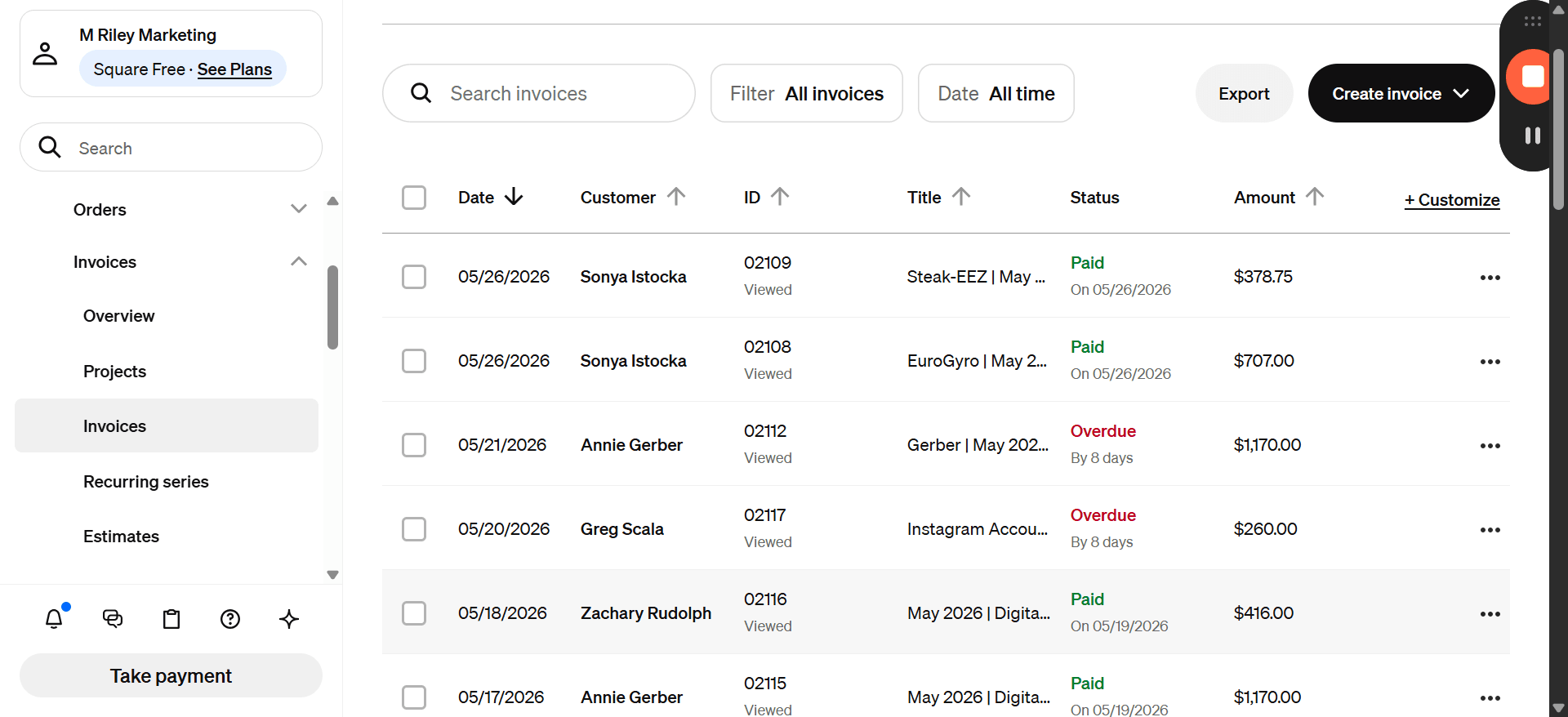 Step #5: Click Create invoice in the top right corner of the invoice management dashboard.
