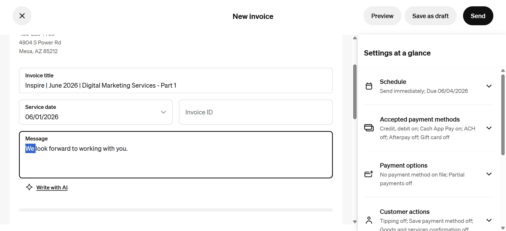 Step #10: Click the message input area, located below the service line items, to draft an introductory note.