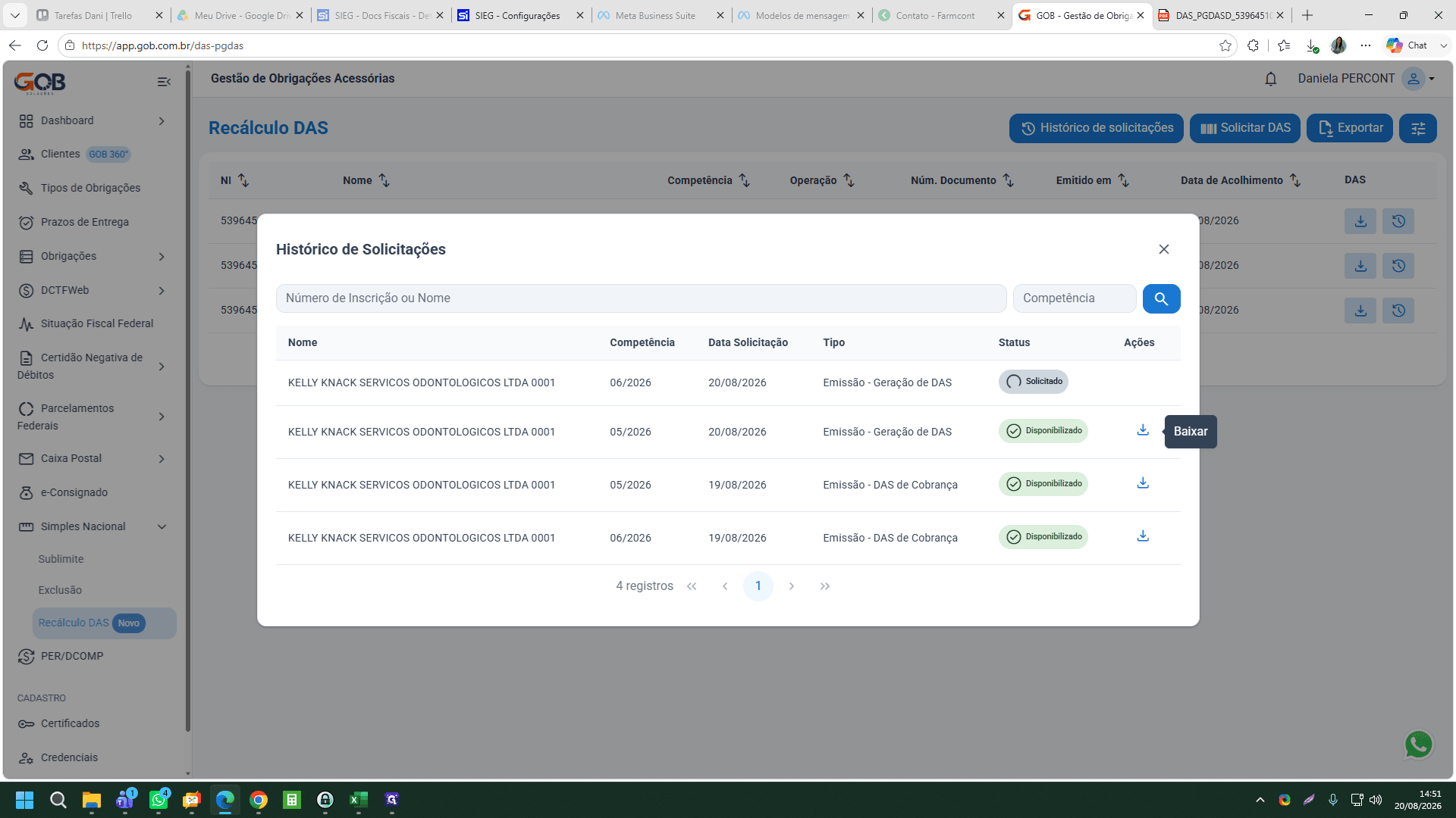 Step #11: No modal de Histórico de Solicitações, localize a linha recém-gerada e clique no botão de download (→) na coluna de ações.