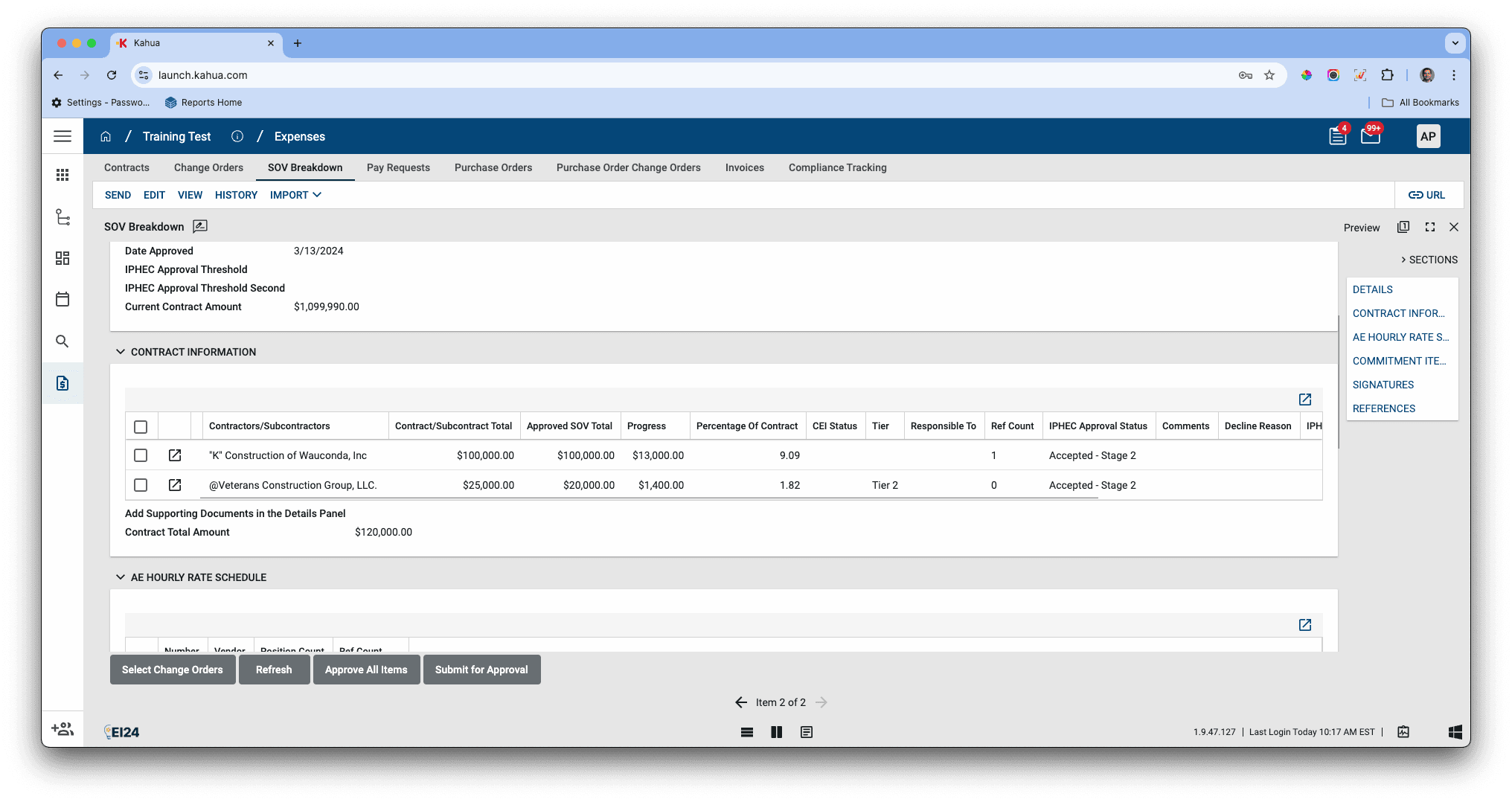 Step #66: This shows the Approved SOV total that is being fetched from the SOV breakdown from the internal grid and it's Percentage for Contract for each Vendor. As I have a Pay Request setup it also shows up the Progress that is based off the Pay Request which can be either Set to Billed/Set to Paid