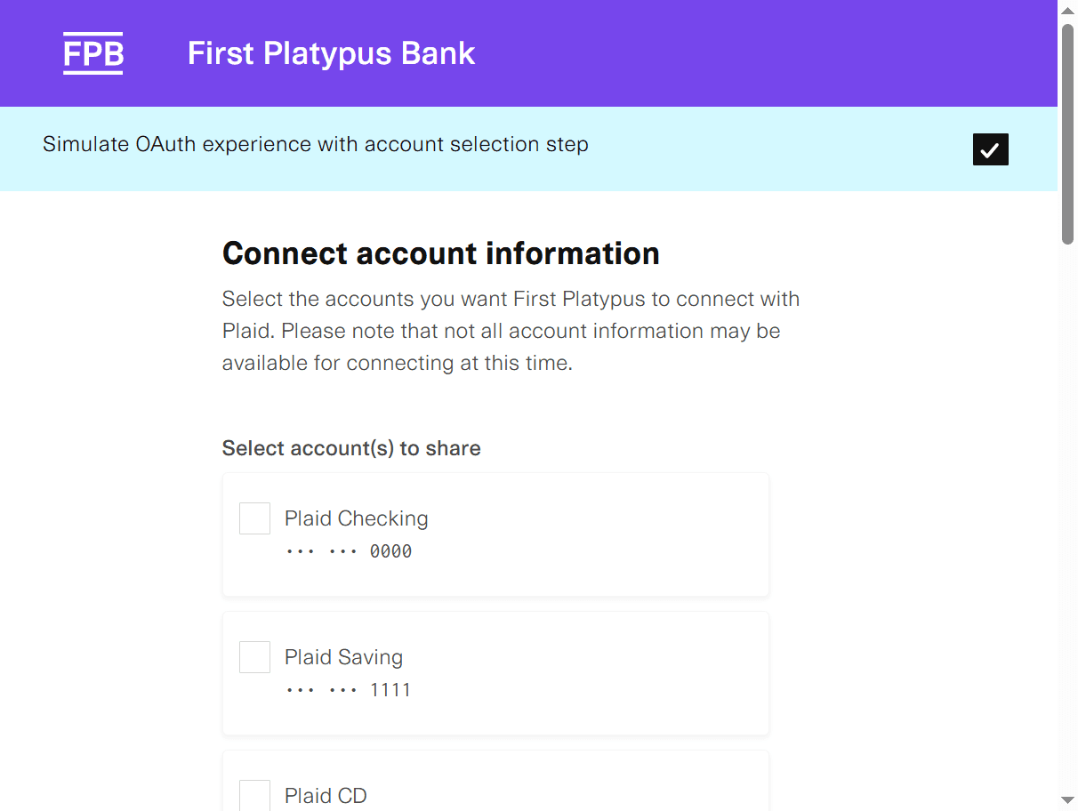 Step #6: Select the accounts you want to connect with Plaid.