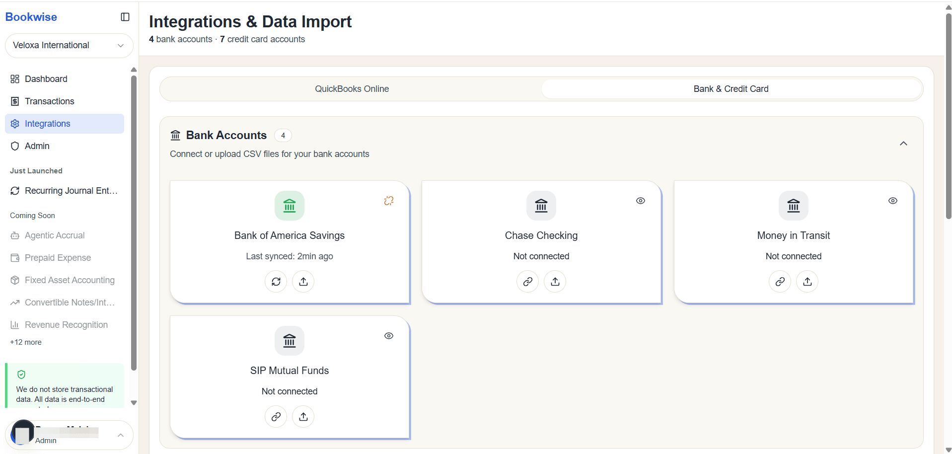 Step #1: Go to Integrations page's Bank and Credit card tab and Click the Connect button to link your account with Plaid.