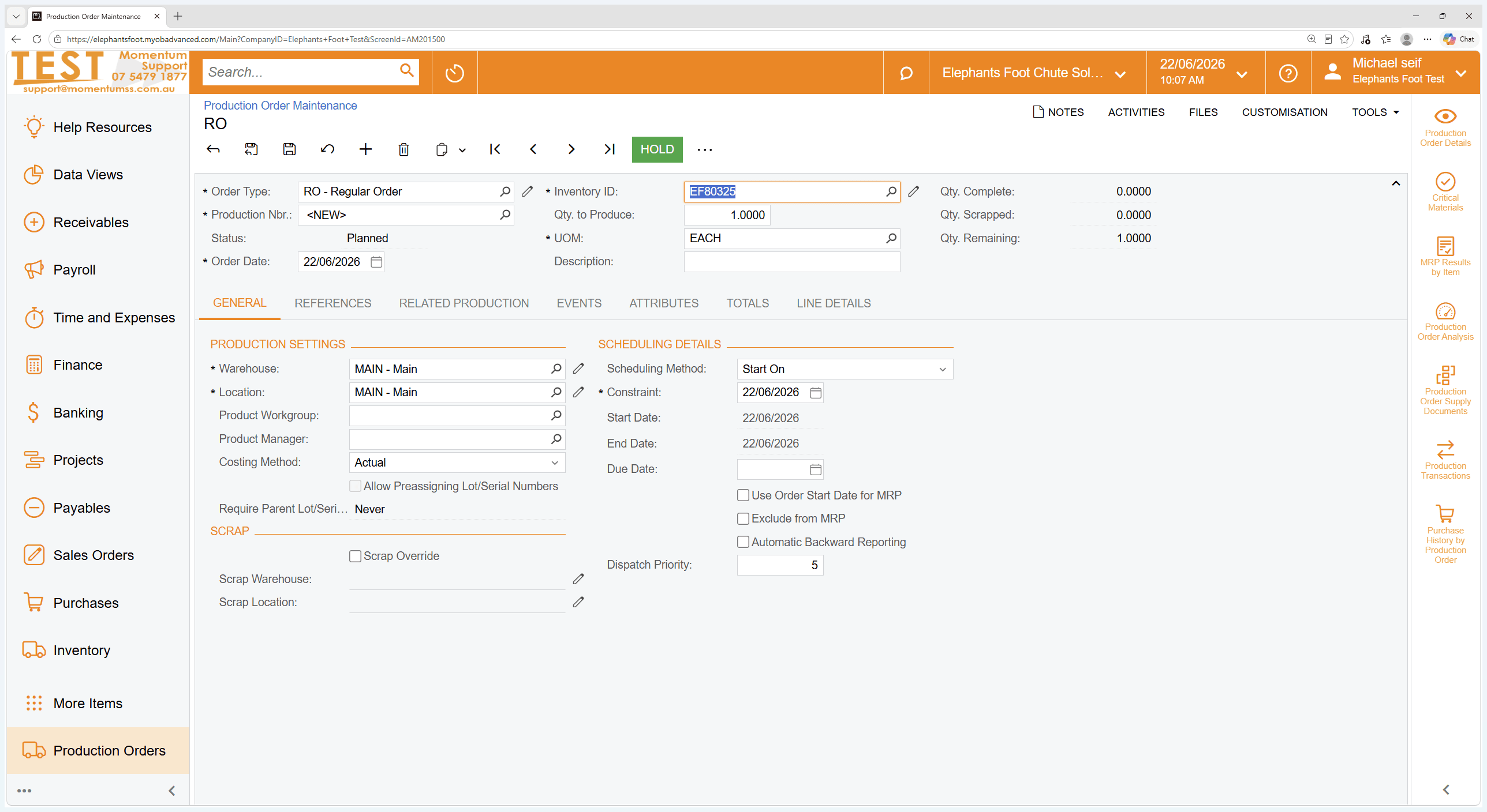 Step #5: Enter your desired production quantity in the quantity field.