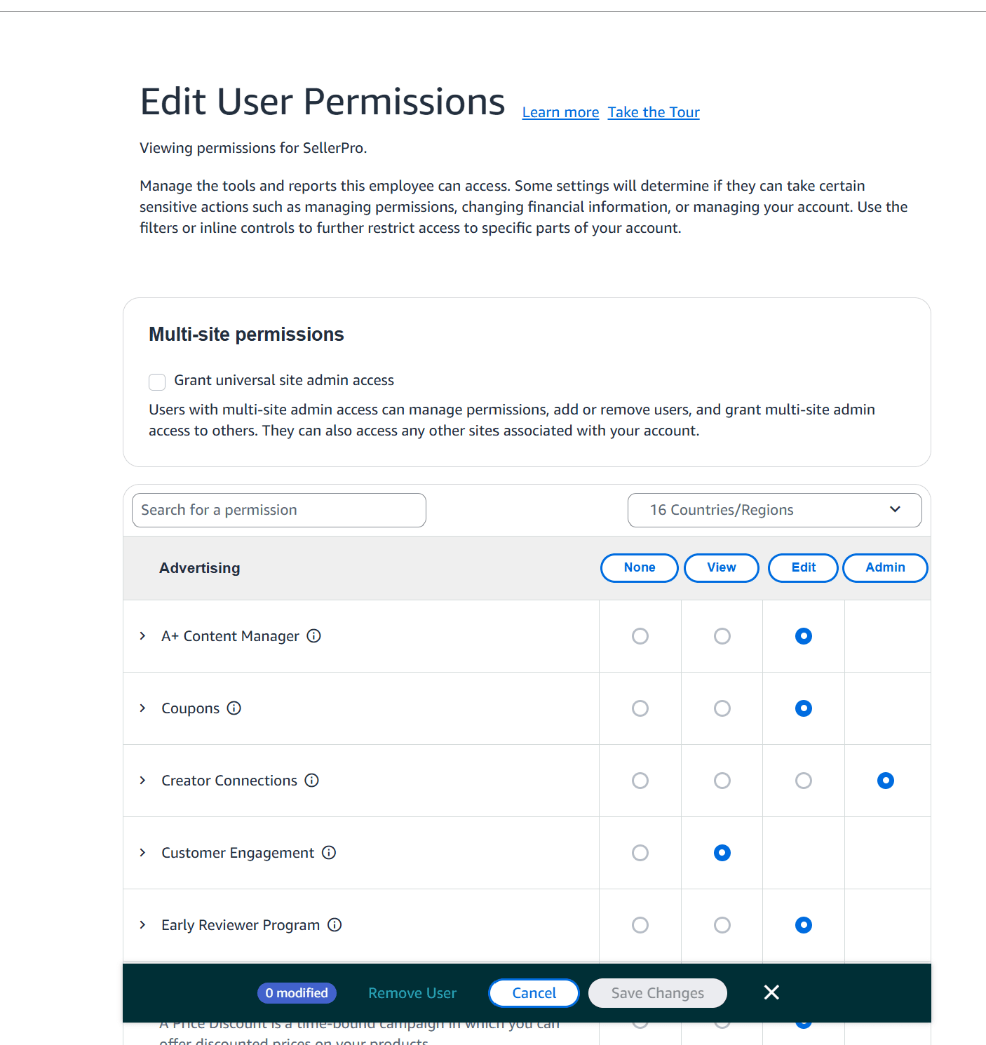 Step #7: For each section, select the Admin option. The next steps will identify permissions that aren't needed and can be set to None.