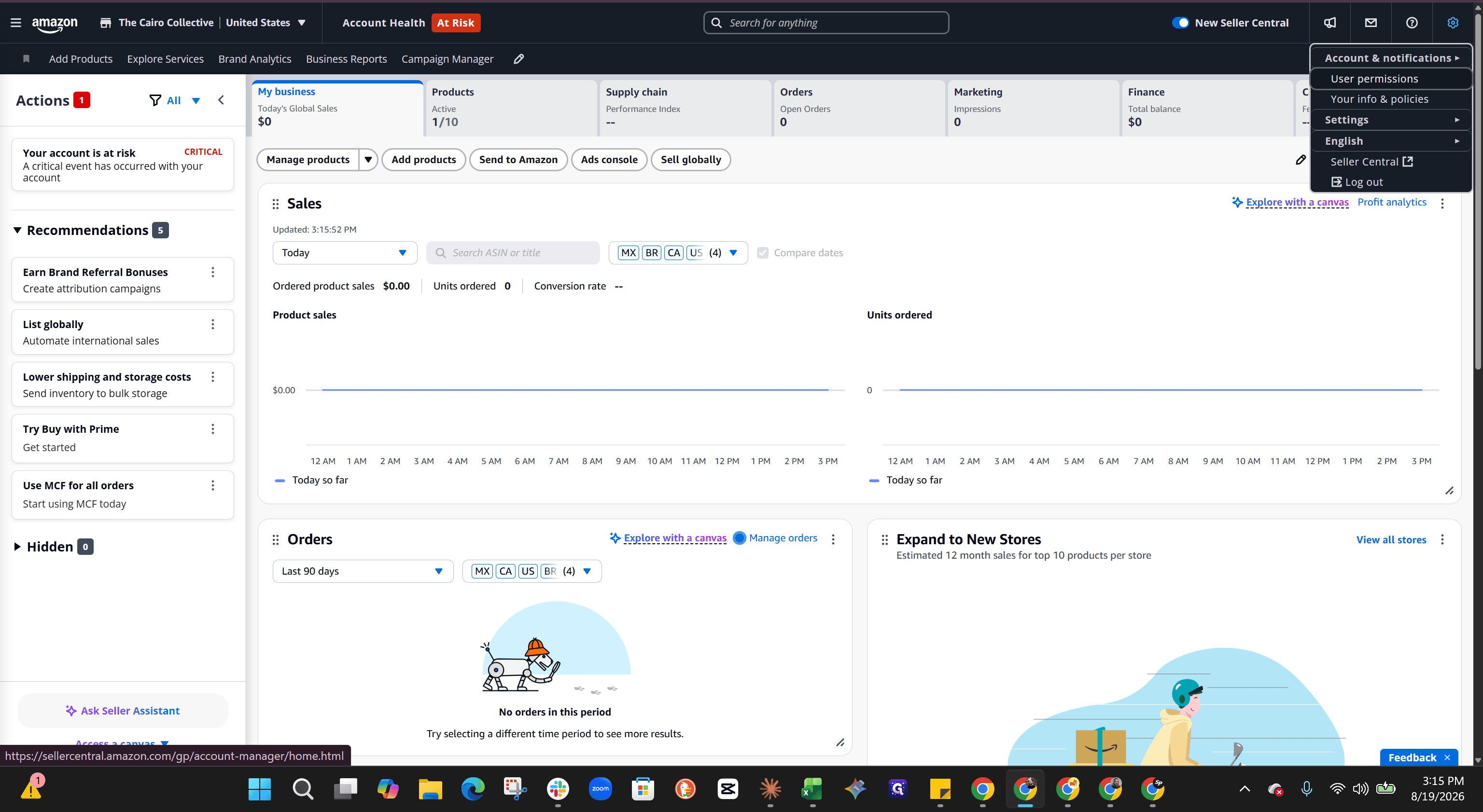 Step #1: Click the Settings (gear icon) in the top-right corner of Seller Central and select User Permissions. Note: Both Old and New Seller Central's will have a gear icon with User Permissions as an option in the top right corner of the screen.