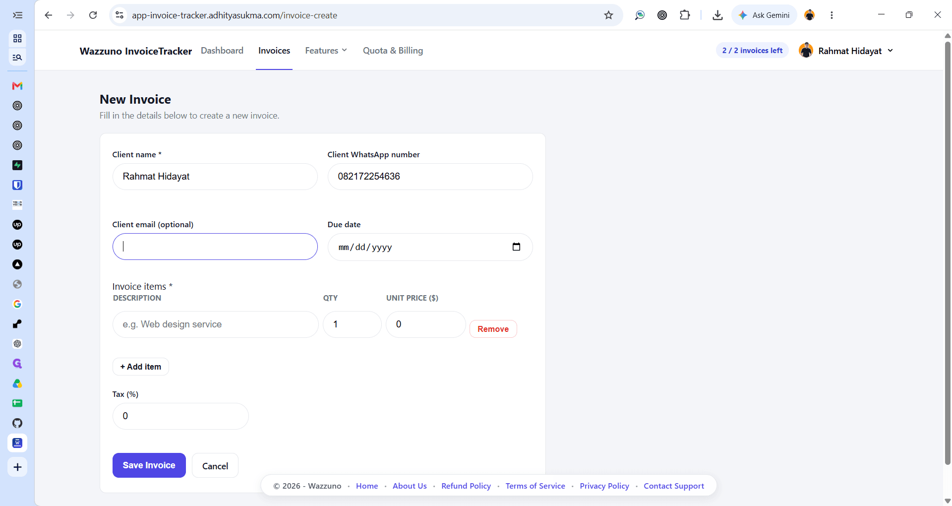 Step #2: Click the Client email (optional) field to add the client's email address.