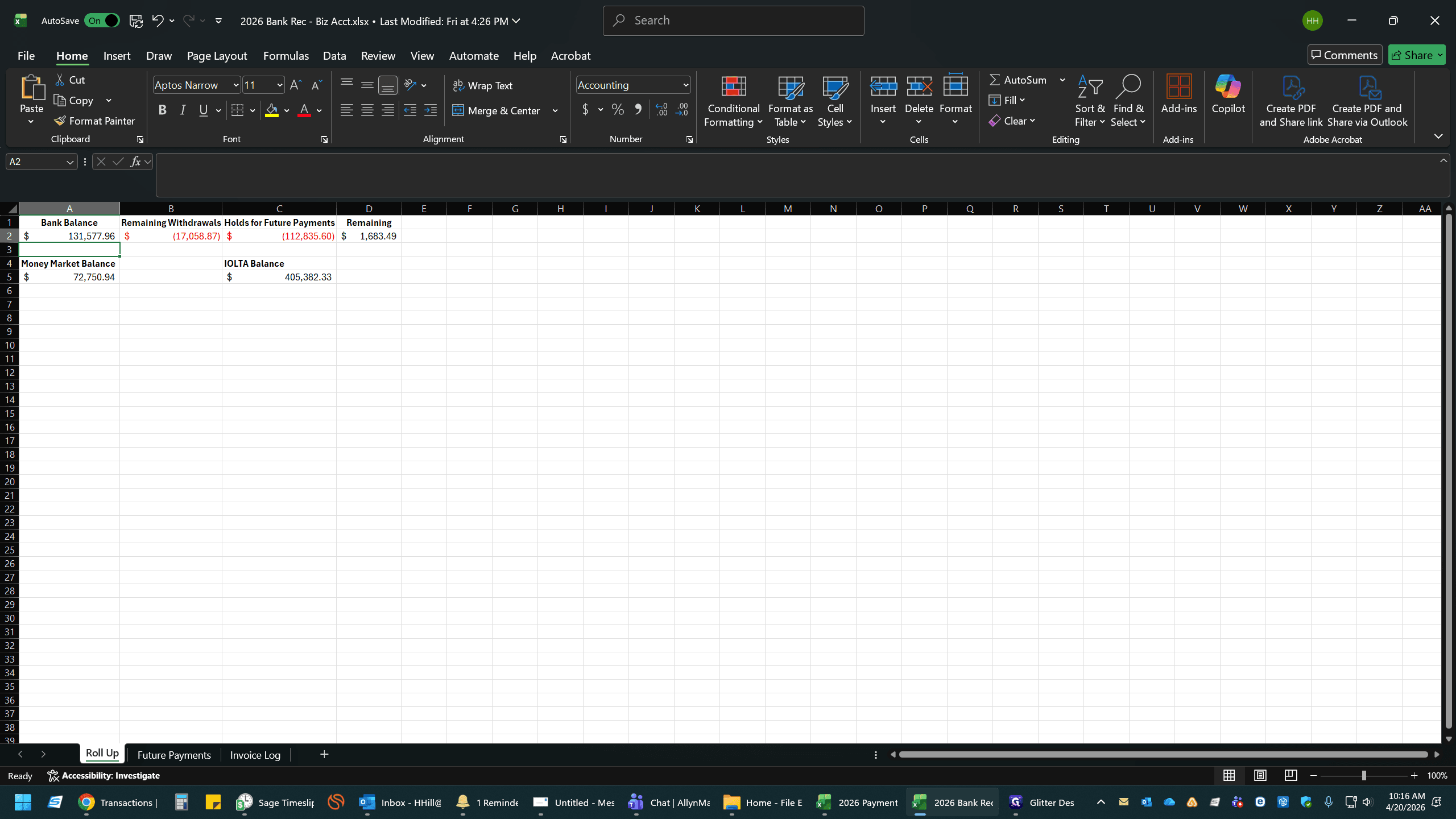 Step #8: Open your 2026 Bank Rec - Biz Acct spreadsheet and select cell A2 (or your designated balance cell).