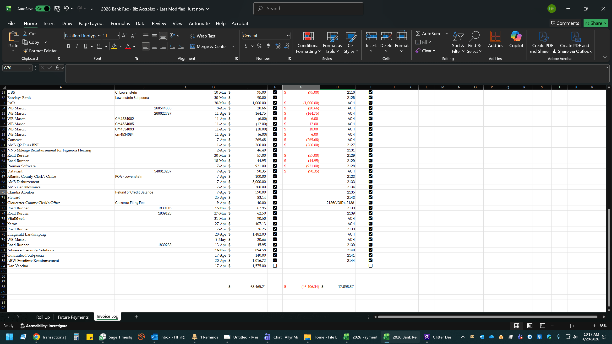 Step #14: Locate the first cleared transaction and add the negative value in Column G.