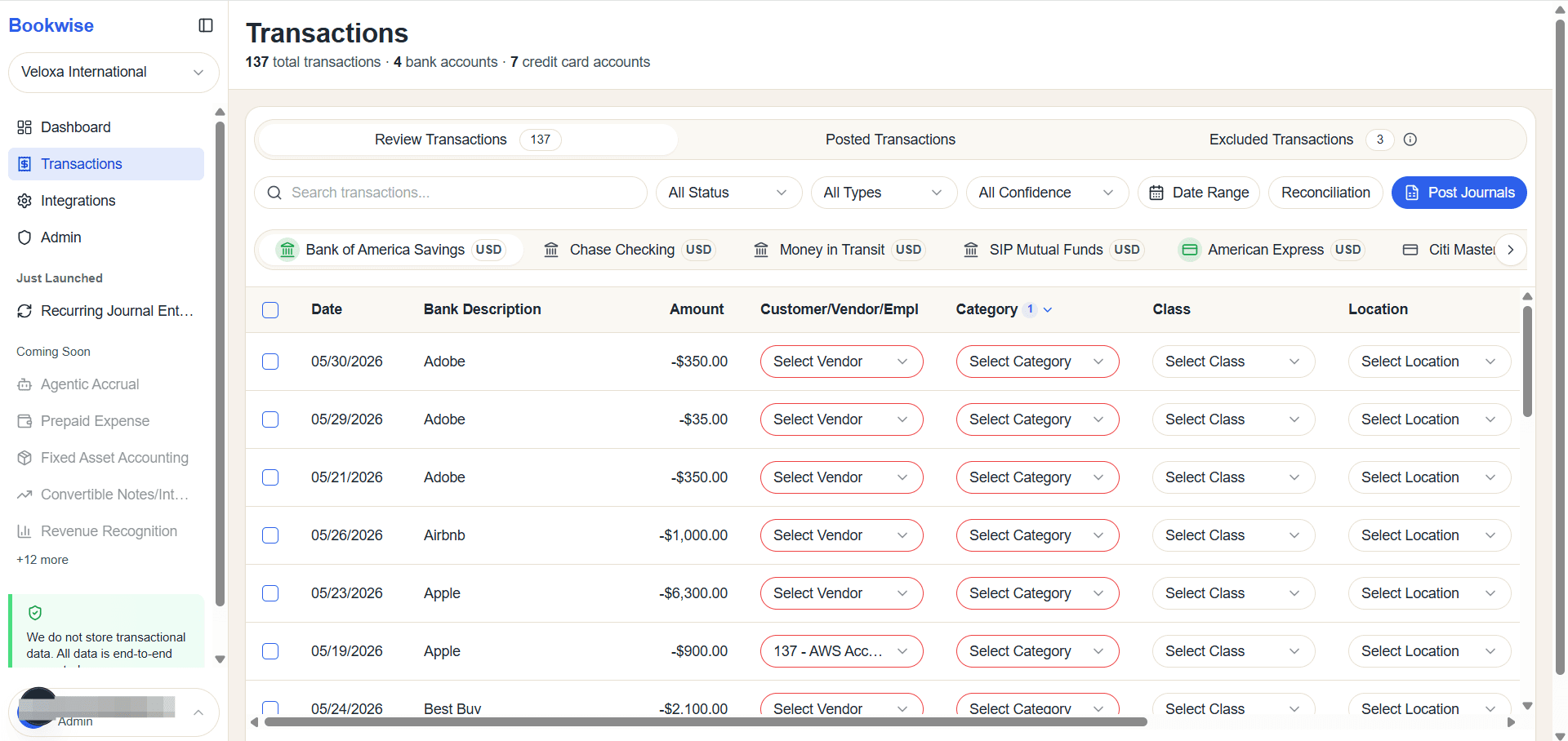 Step #1: In the Review Transactions section of the Transactions tab, bank accounts displayed in green are connected to QuickBooks.