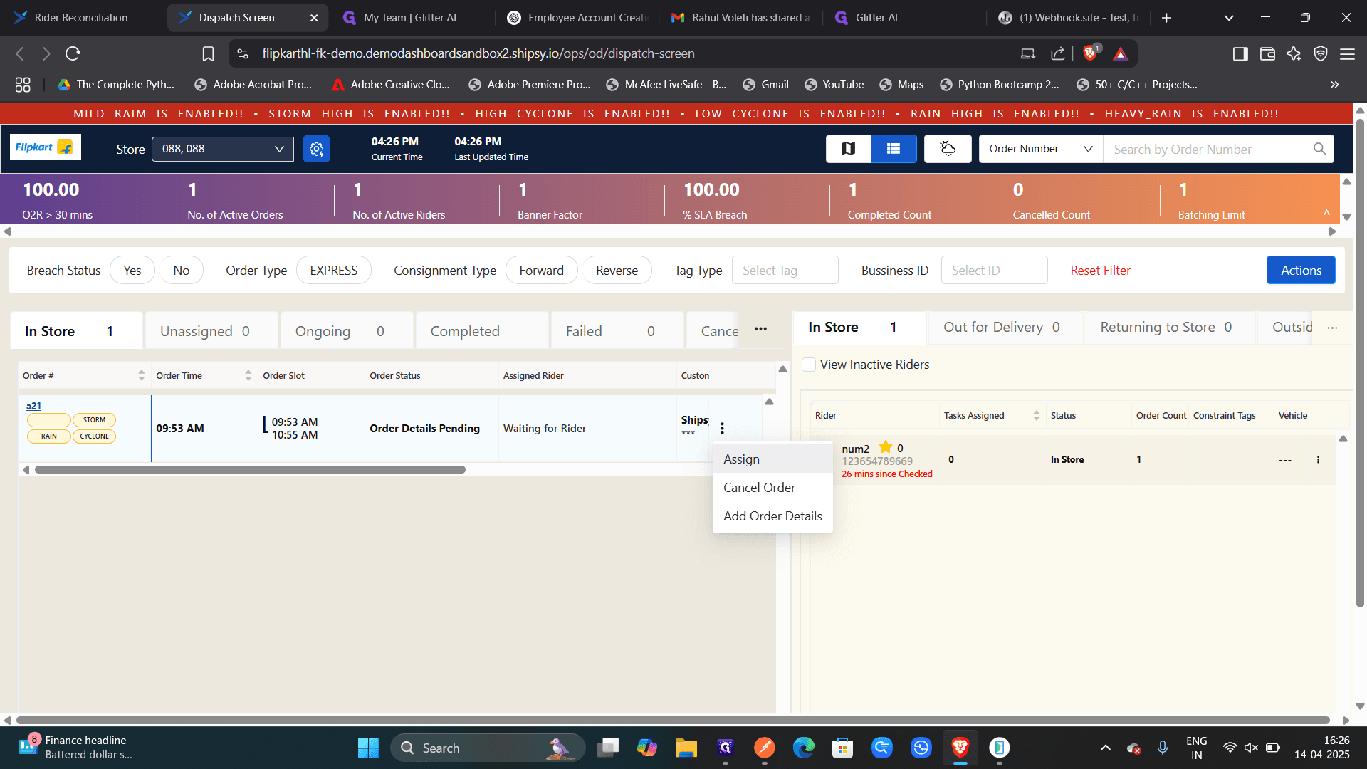 Step #1: click on assign for assigning the order to the active rider.