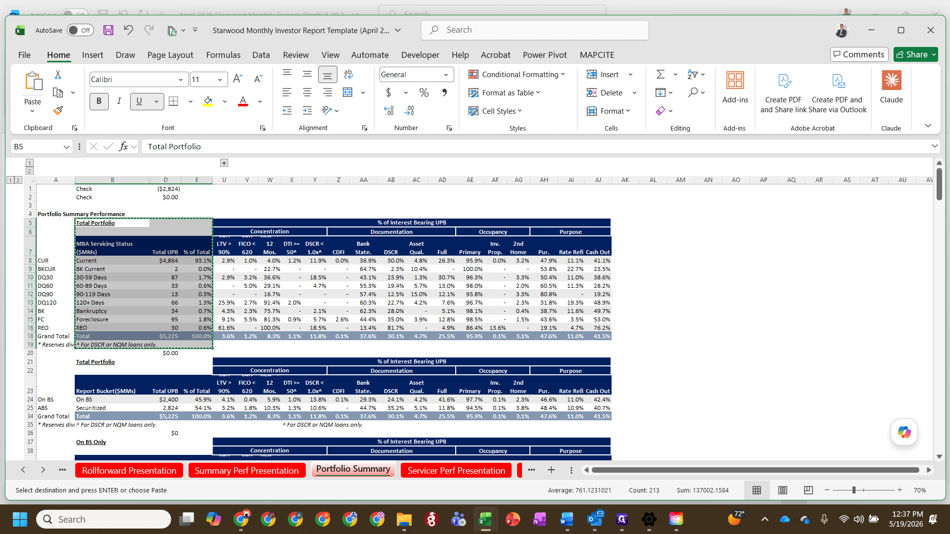 Step #22: Return to Excel and highlight the next secondary Total Portfolio data block.